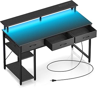 Rolanstar 120cm Computer Desk with Monitor Stand & Storage - 3 Fabric Drawers, 2 Shelves, Gaming Desk with LED Lights & Power Outlets, Home Office Desk, Study Writing Table for Work Play(Black)