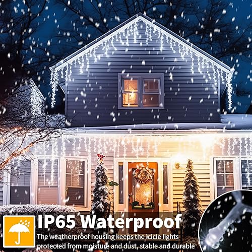 Miniatura 5 de 600 luces LED solares de carámbano de Navidad para exteriores, impermeables, 49 pies + 16 pies, cortina de luces parpadeantes con control remoto, 8