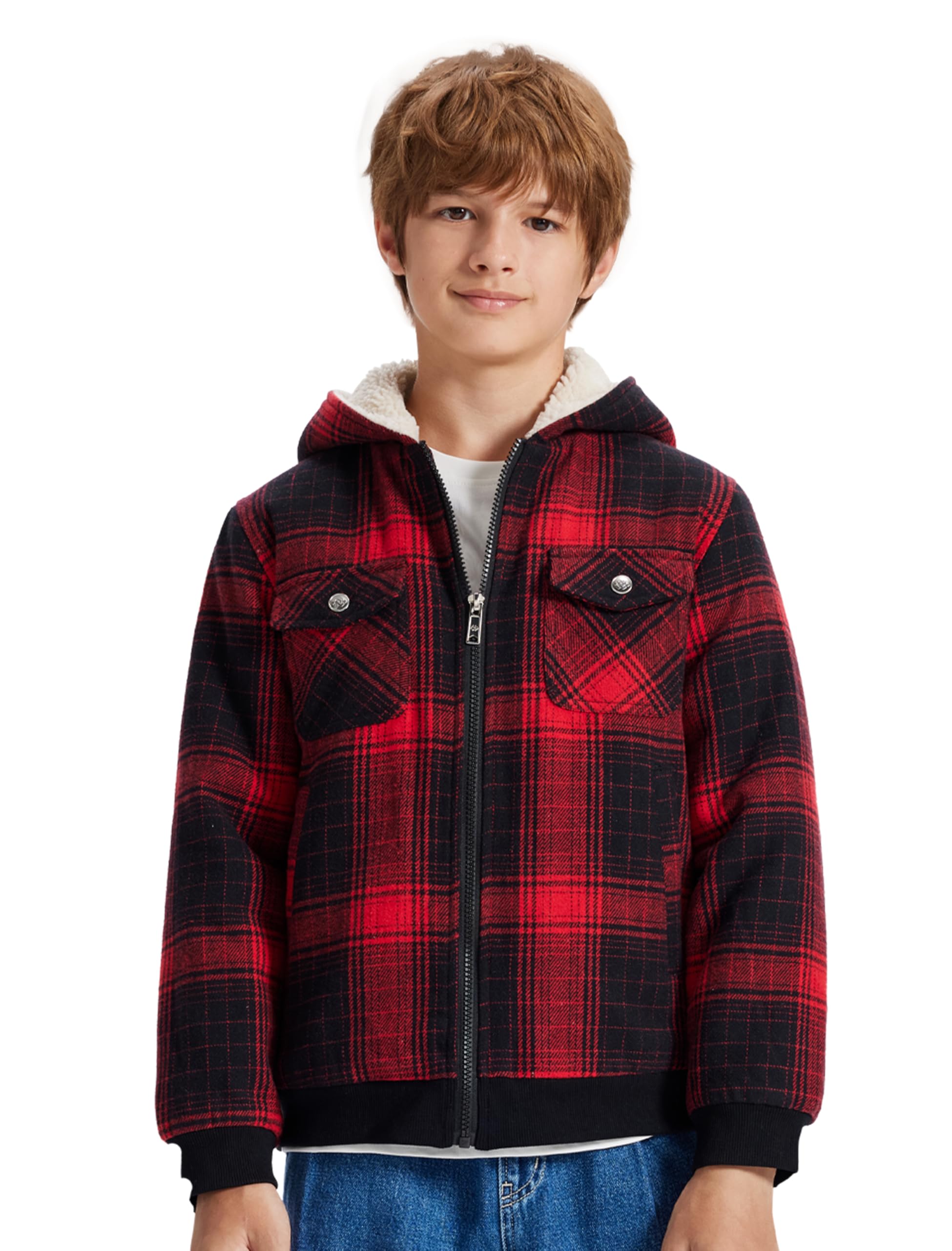 MoFiz Sweatjacke Kariert Jungen Winterjacke mit Kapuze Warm Gefüttert Kinder Langarm Kapuzenjacke Voller Reißverschluss Fleecejacke Hoodie