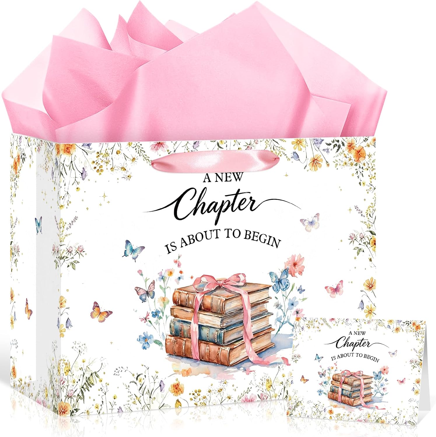Book Themed Wedding Gift Bag Pink Library Florlal Bridal Shower Gift Bag with Tissue Paper and Card A New Chapter is about to Begin Gifts for Baby Shower Bachelorette Bride Engagement Party Supplies