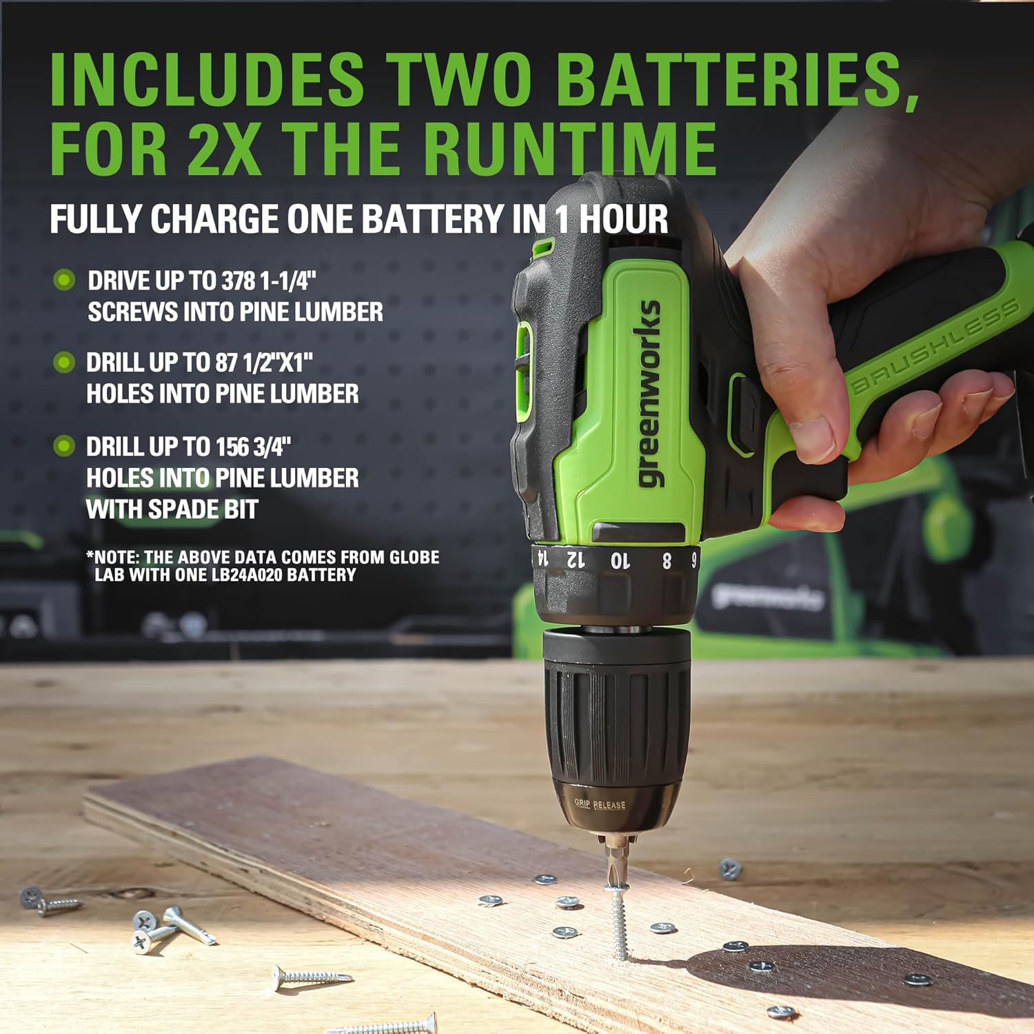 Greenworks 24V Brushless Drill / Driver, 2Ah USB Battery and Charger Included