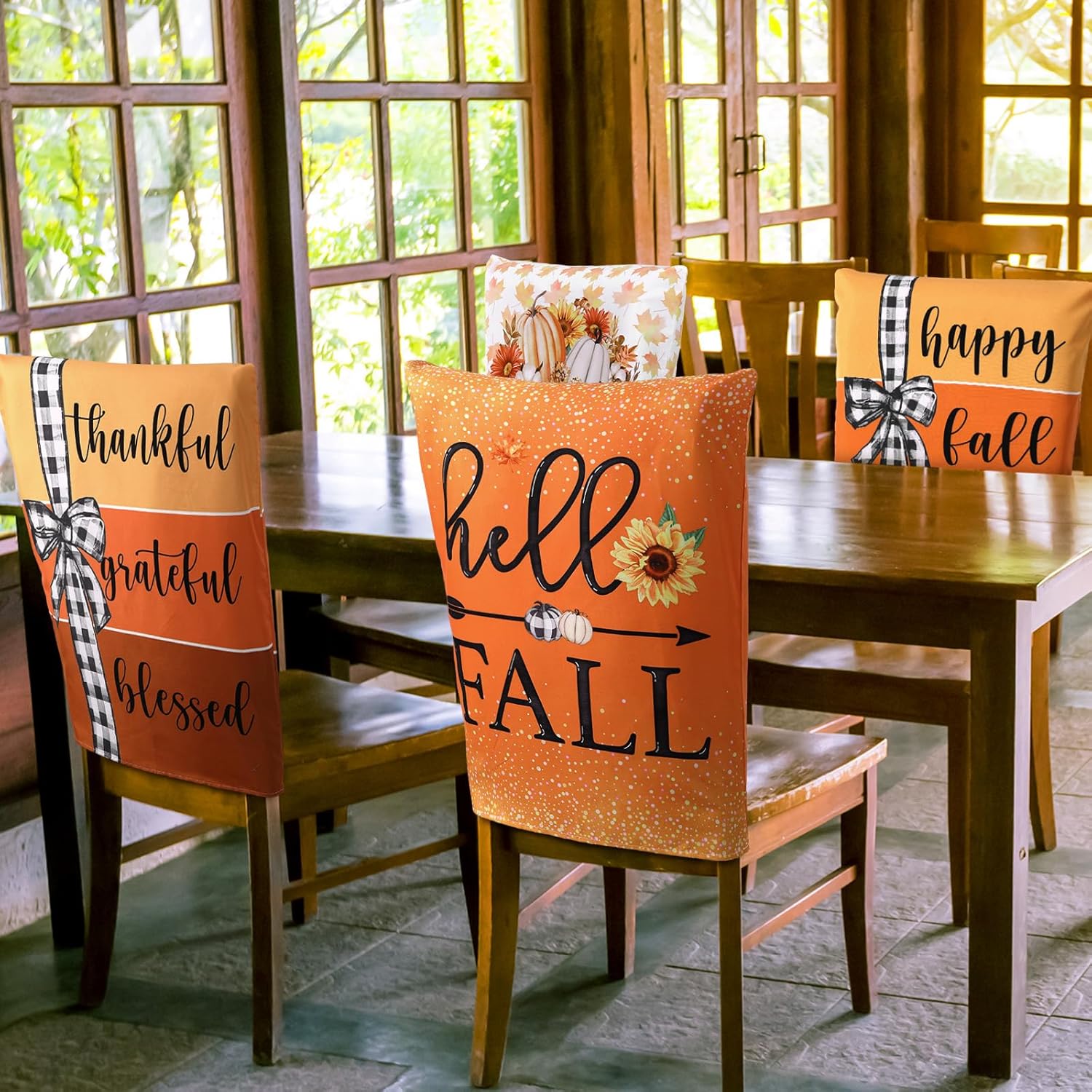 6 Pcs Fall Chair Covers Set Autumn Chair Back Cover Thanksgiving Dining Chair Slipcovers Buffalo Plaid Removable Chair Seat Protector for Kitchen Dining Hotel Wedding (Maple Leaves)