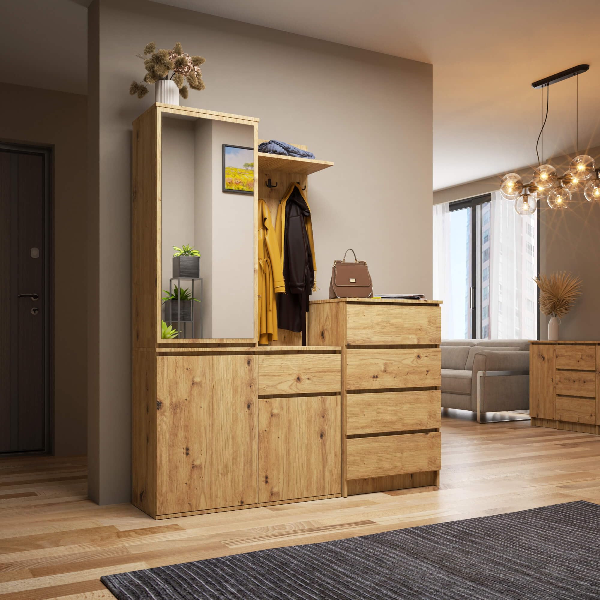 AKORD Mueble Recibidor con Espejo - 95 cm 3 Puertas, 1 Cajón, 7 Estantes para Zapatos y Bolsos - Entraditas Recibidores Modernas y Estilo Industrial - Roble Artesanal
