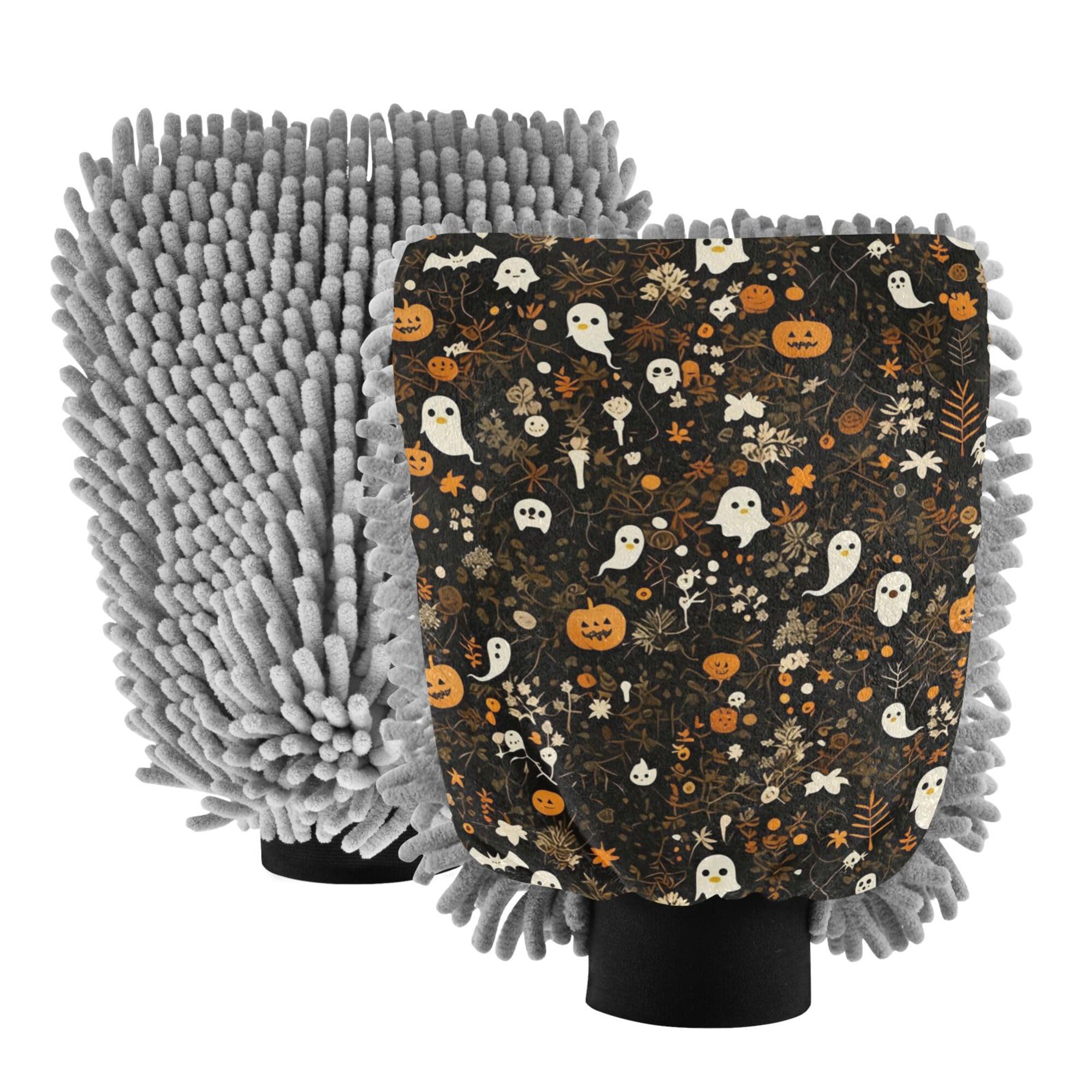 Halloween Pumpkins Ghosts Wash Mitt for Cars 11.8'' Washing Mitt for Autos Scratch Free Clean Sponges for Hand Brush Cleaning