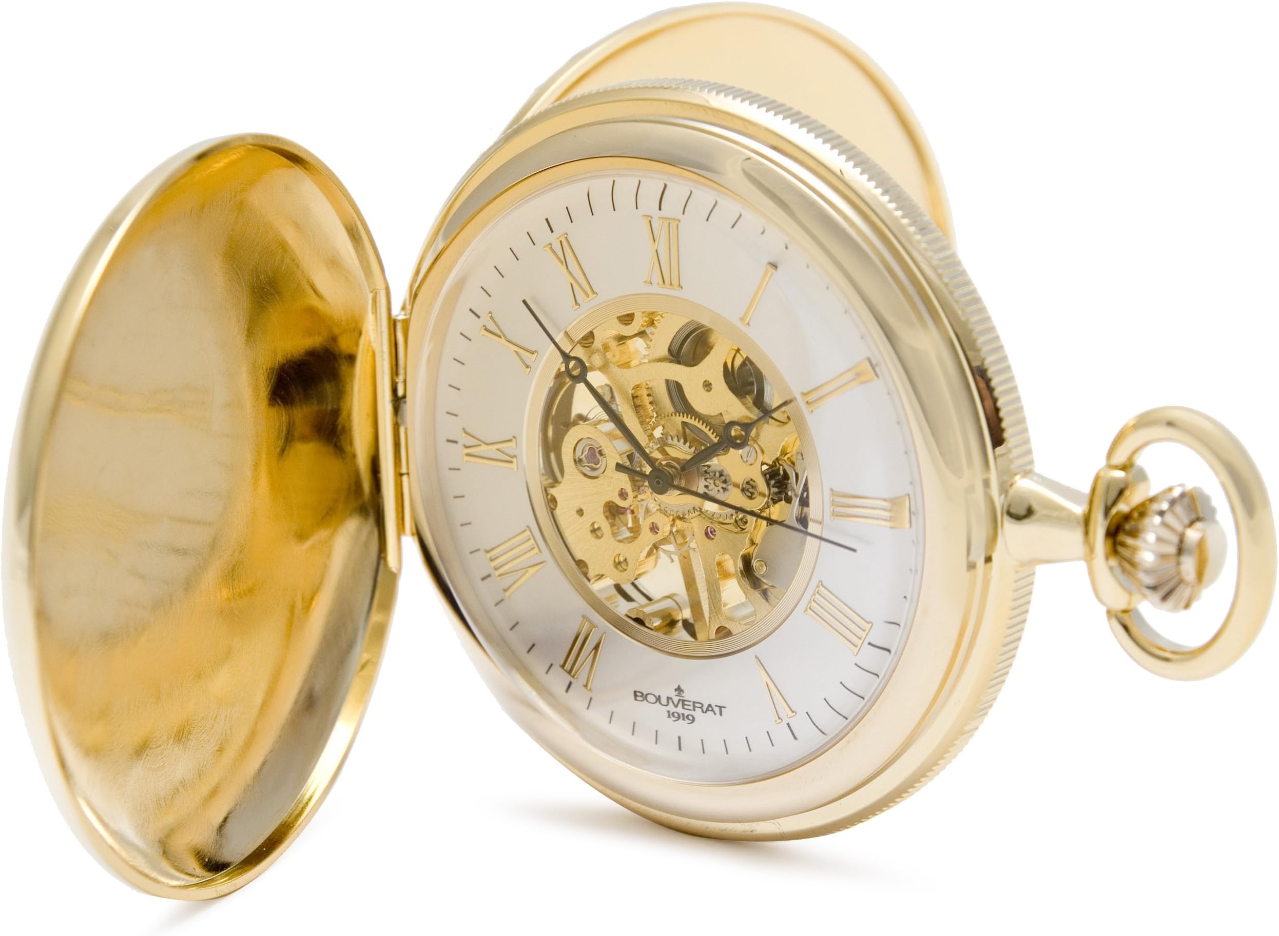 Bouverat 1919 Double Opening Shield Case Full Hunter Mechanical Roman Pocket Watch with Silver Dial BV824105
