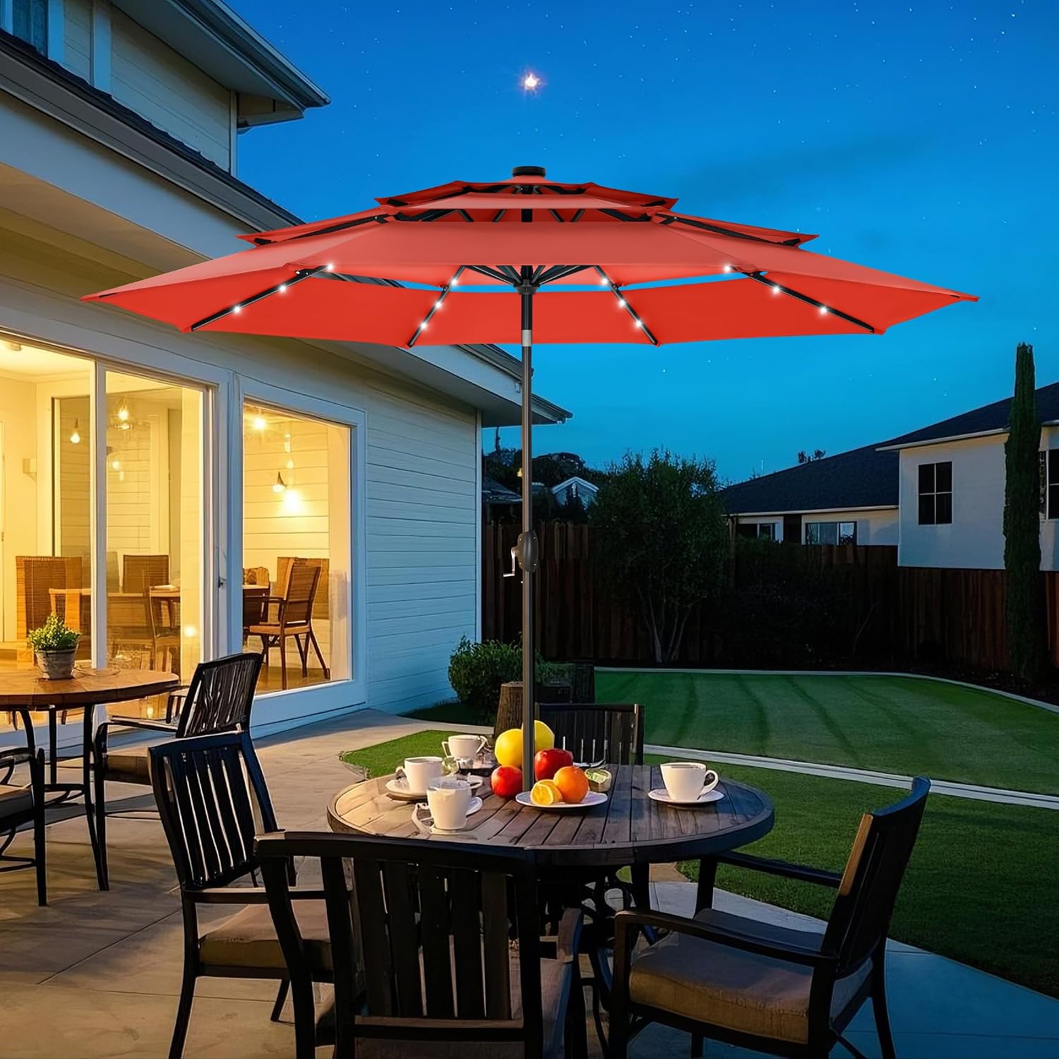 MFSTUDIO 10ft 3 Tier Solar Patio Umbrella, Outdoor Market Umbrellas with 24 LED Lights, Auto-tilt, Sun Shade for for Backyard Deck Garden, Orange Red