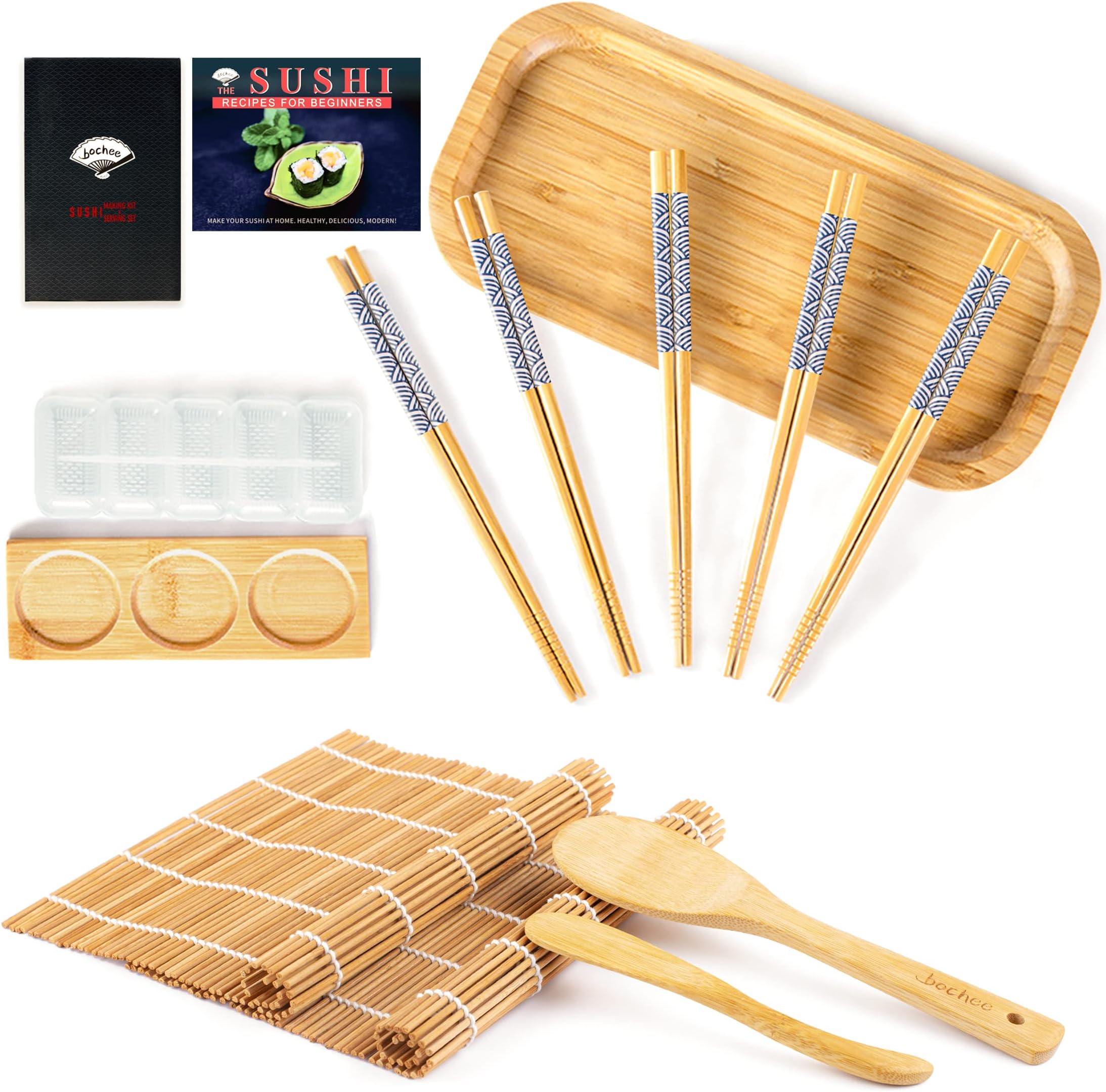 Sushi Making Kit 14 Pcs, Sushi Maker Kit and Serving Set with Gift Box- Video Tutorials & Ebook, 2 Bamboo Sushi Rolling Mats, Sushi Maker, 5 X Chopsticks, Serving Platter, Dish, Paddle, Spreader, Bag