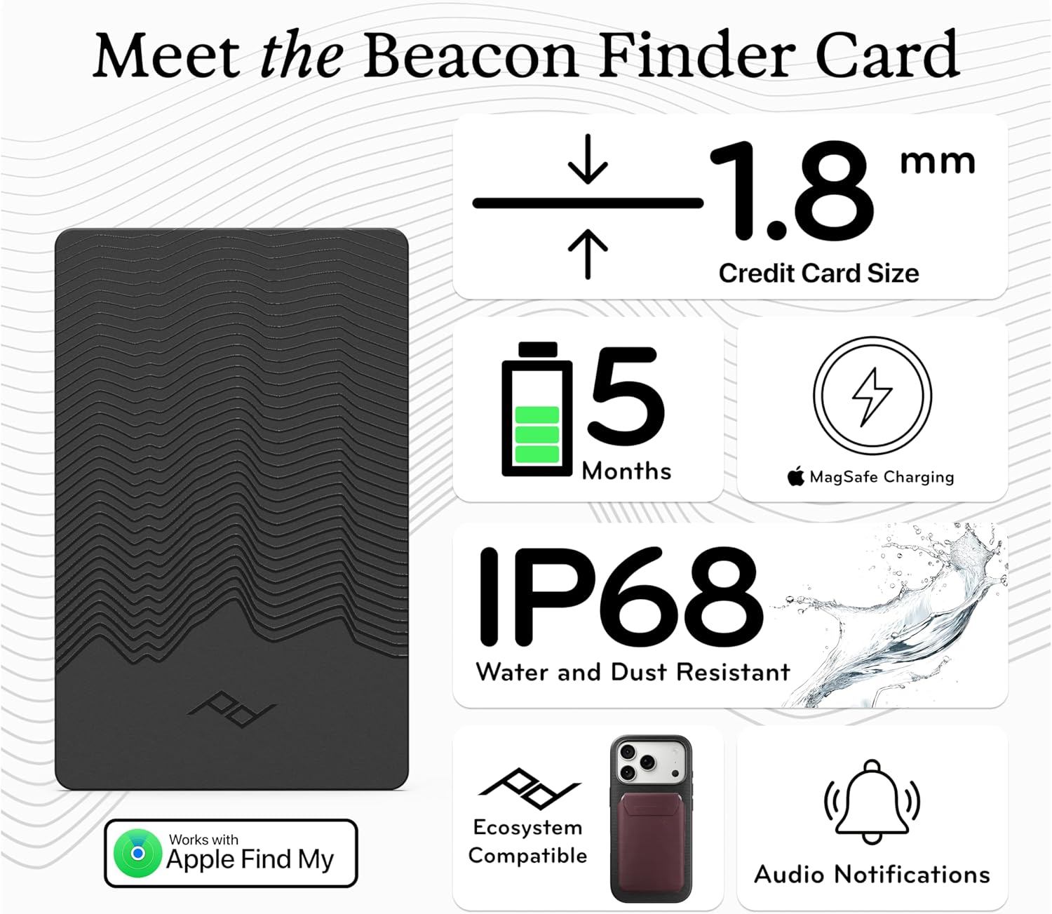 Peak Design Beacon Finder Card, Ultra-Slim Wallet Tracker for Apple Find My, Wireless Charging, 5-Month Battery, IP68 Waterproof, Credit-Card Size Tracking Device for Wallet, Phone and More