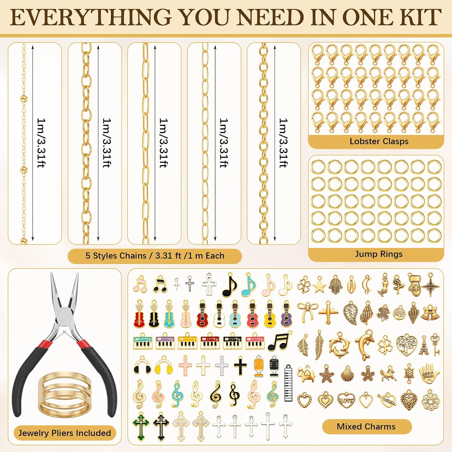 Sureio Gold Bible Chain Jewelry Making Kit 16.4ft 5 Rolls DIY Plated Chain Crafts with 90 Pcs Charms for DIY Necklace Bracelet Jewelry Accessory Christian Bible Spine Edge Decor (Musical)