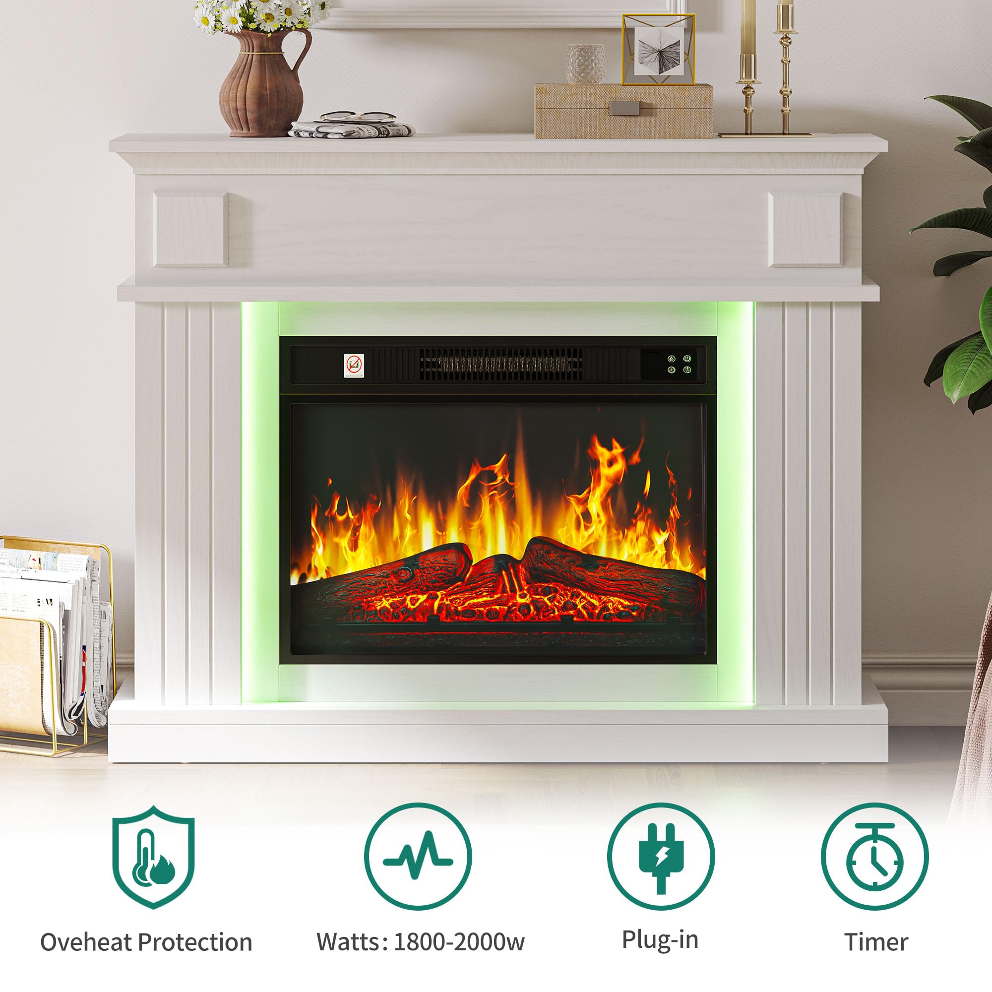YITAHOME Elektrokamin, 23inch Realistischer 3D Flammeneffekt Erwärmungsfreistehender Elektrischer Kamin mit Timer und 24-Farb-LED-Lichtband und Fernbedienung
