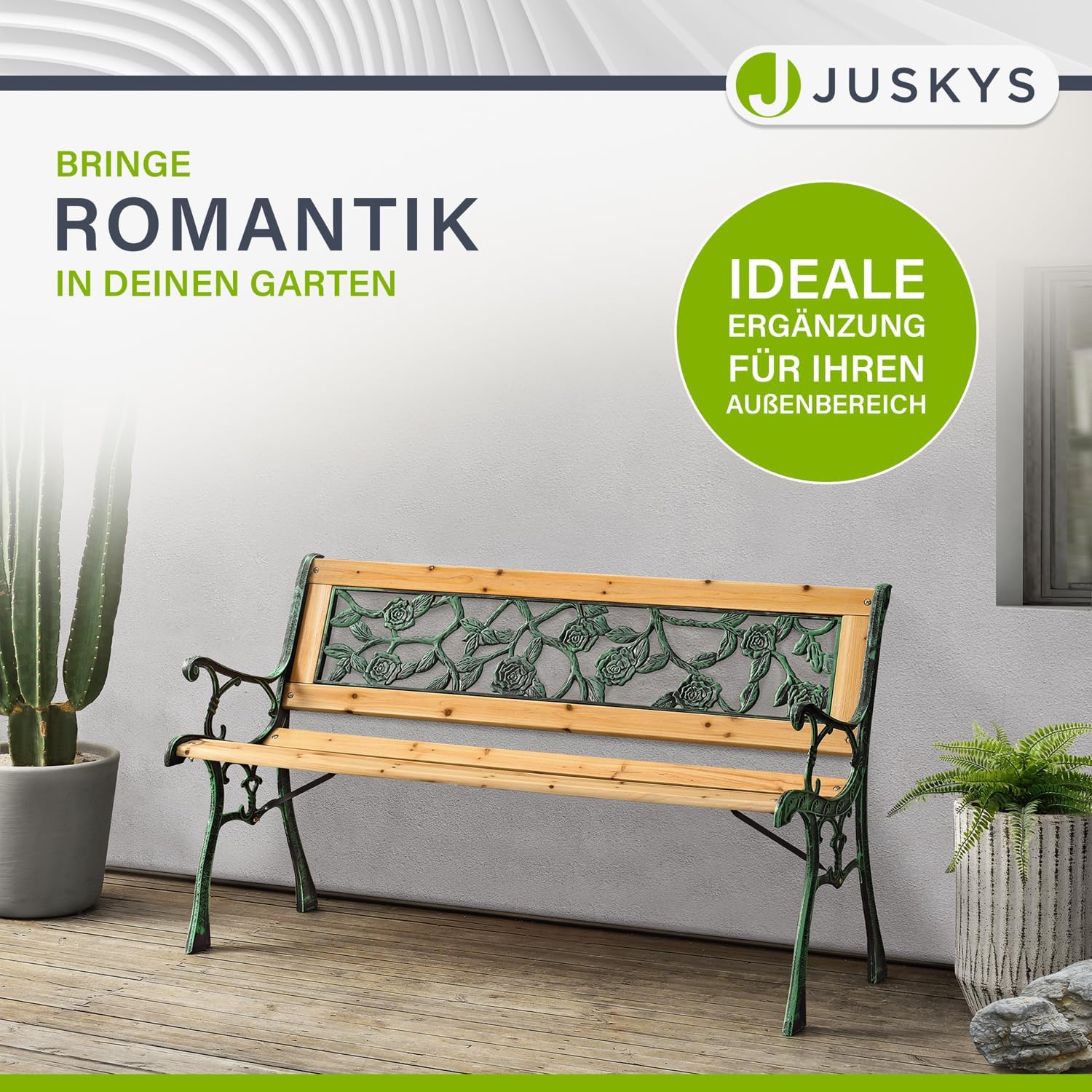Juskys Gartenbank Venezia - 2-Sitzer Holzbank mit Armlehnen & Rückenlehne - wetterfeste Sitzbank 122x54x73 cm - Seitenelemente aus Gusseisen