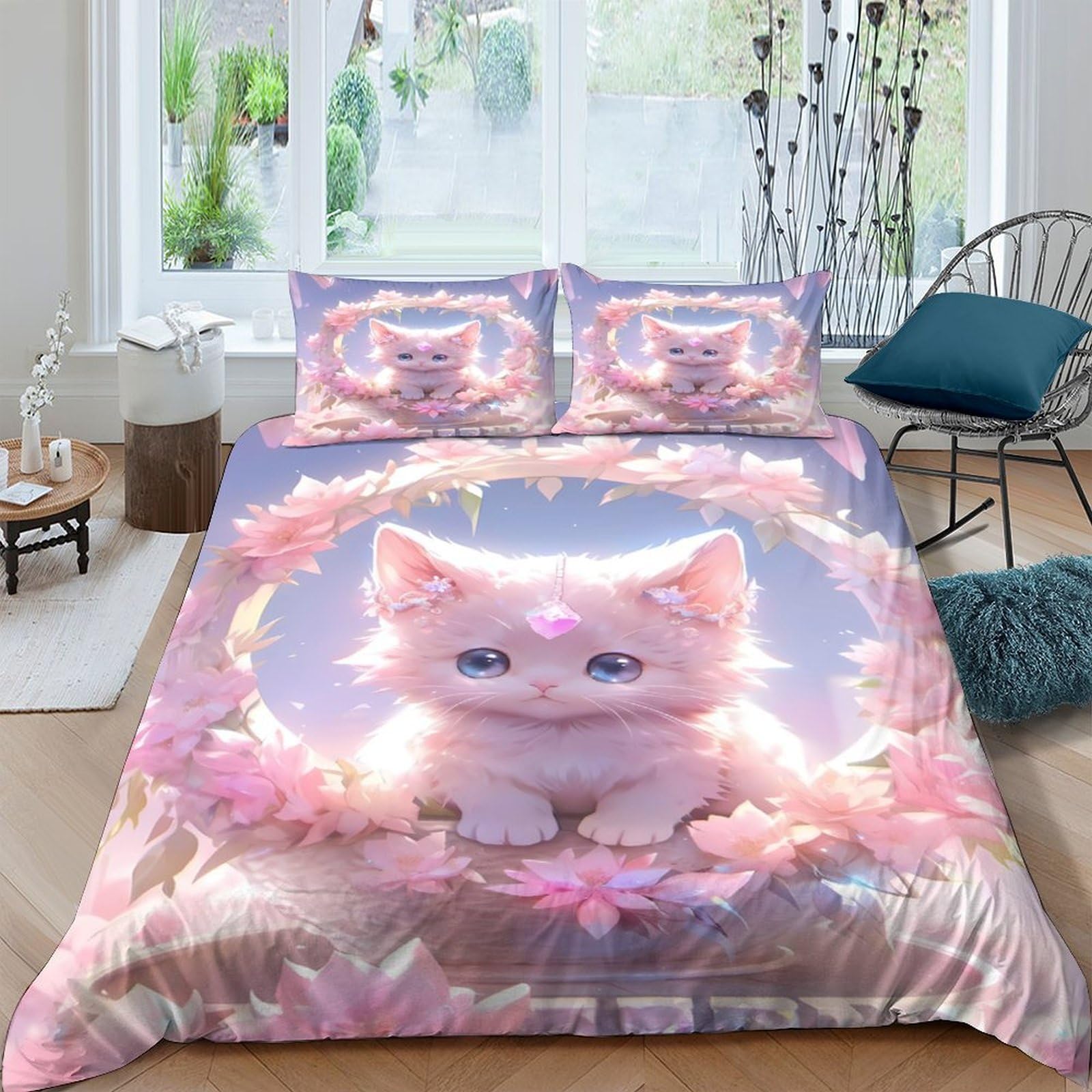 Ctjqhvkz Style-5 3D Printed Pink Cat Floral Fitted Sheet Microfiber Soft Mattress Cover For Bedroom Guest Room Dorm Decor Protection Single（135X200cm）