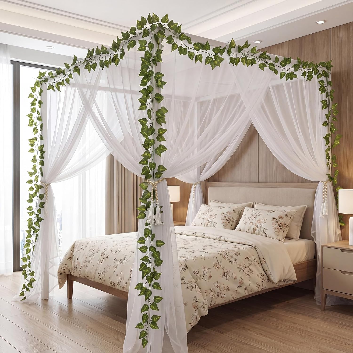 Moukeren Oversized Mosquito Net Bed Canopy with Fake Vines for Girl Canopy Bed Curtain from Ceiling for Full Size Net Tent for Boho Bedroom Photography(78.7" w X 70.8" d X 70.8" h)