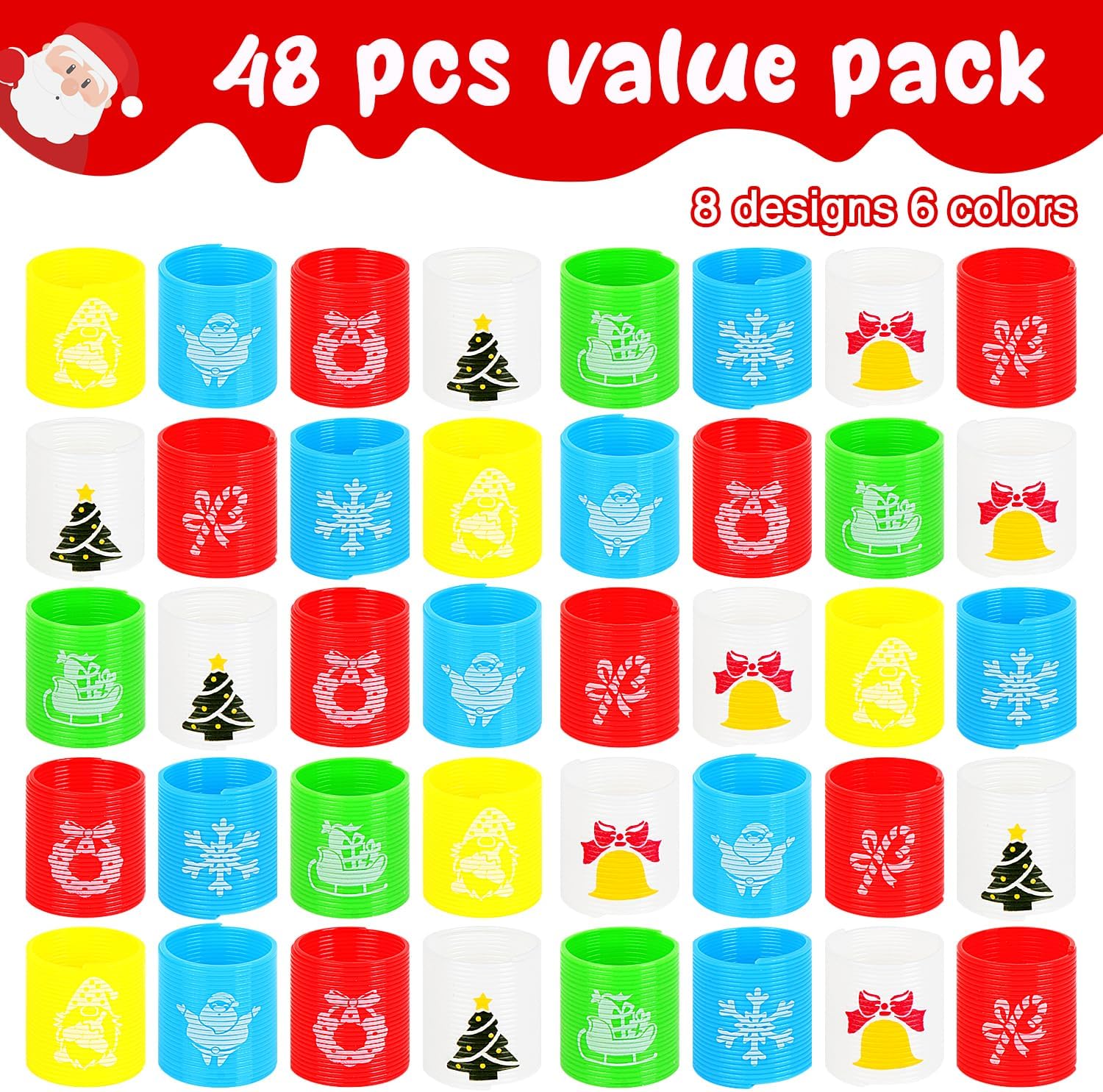 SULOLI 48 Pcs Christmas Mini Spring Toys, Xmas Coil Springs Stocking Stuffers Fidget Toys for Kids Christmas Party Favors Goodie Bag Fillers