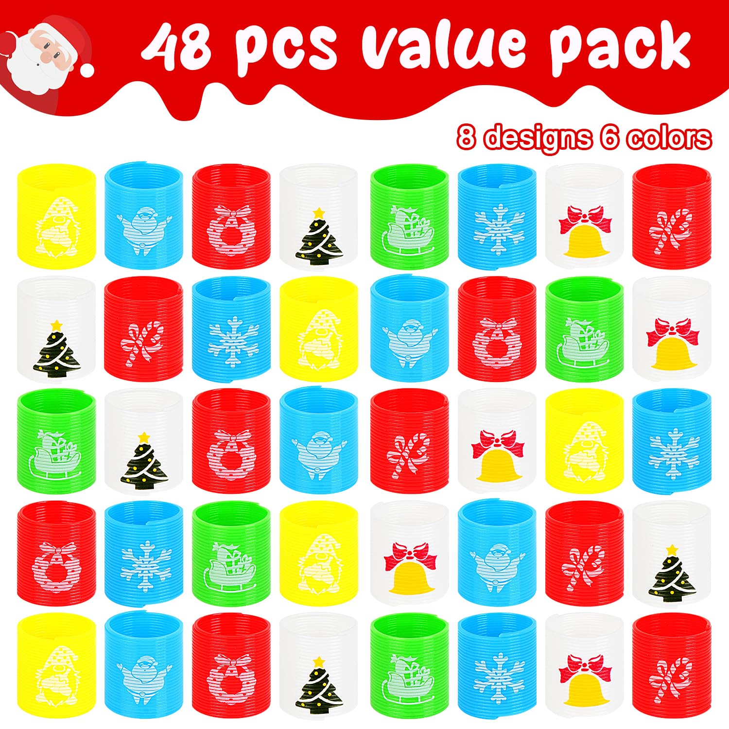 SULOLI 48 Pcs Christmas Mini Spring Toys, Xmas Coil Springs Stocking Stuffers Fidget Toys for Kids Christmas Party Favors Goodie Bag Fillers