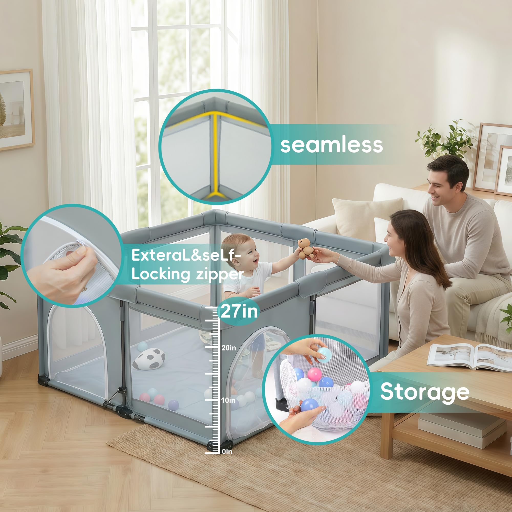 Heyo.Ja Parc pliable pour bébé, pop-up, portable, avec filet, montage et pliage rapides, grille de sécurité pour l'intérieur et l'extérieur, 127 x 127 x 67 cm