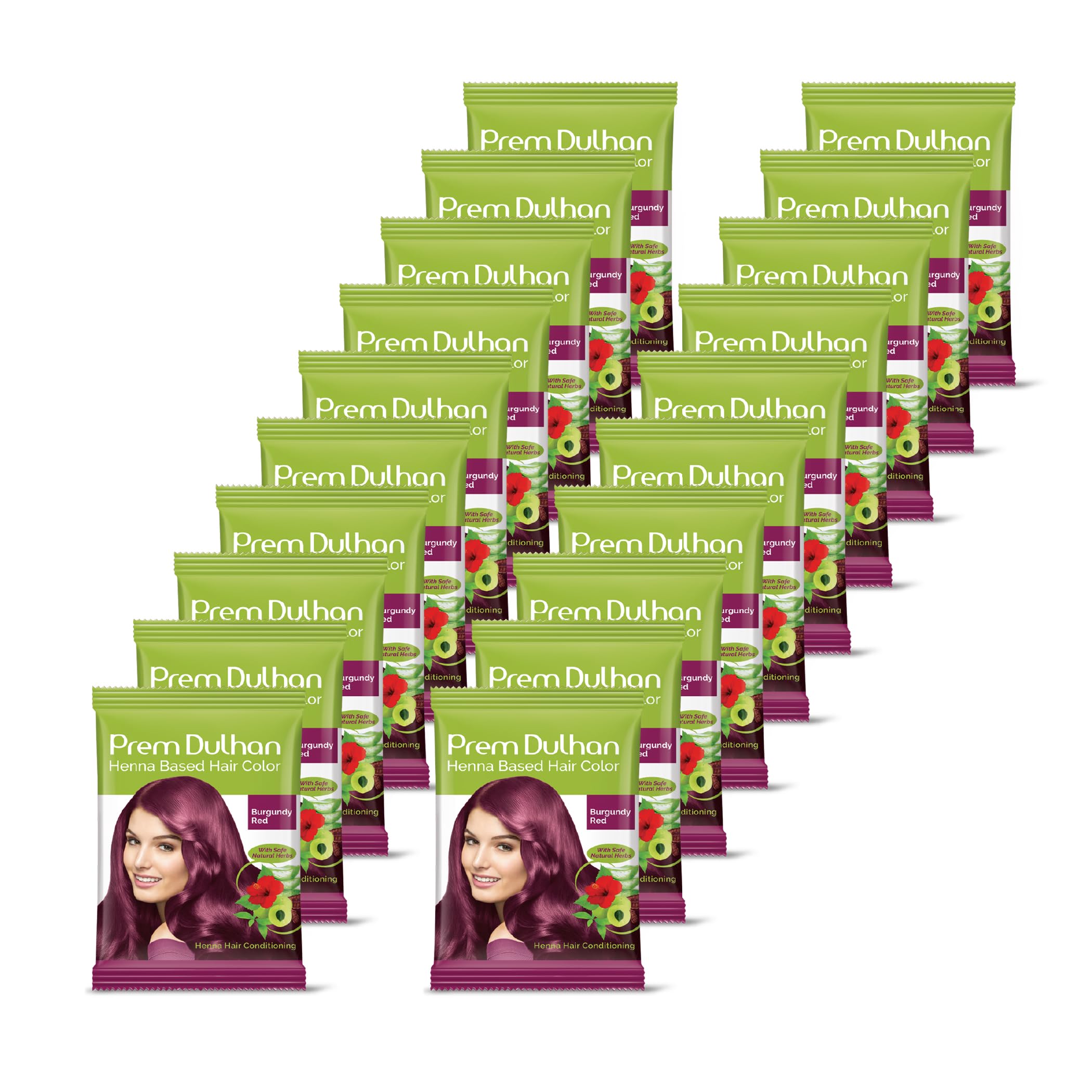 Prem Dulhan Henna Hair Color for Vibrant & Long-Lasting Results Burgundy Red Shade Ammonia-Free & PPD-Free Coloring, Sachets (Burgundy Red 15g/ 0.52 Ounce (Pack of 20))