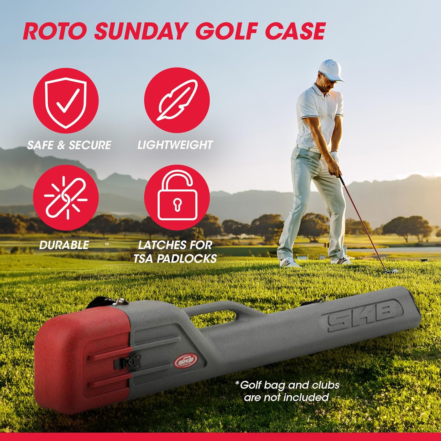 SKB Lightweight Hard Plastic Grey and Red Golf Travel Bag with Shoulder Strap, Sturdy and Ideal for Airline Travel, Can Carry up to 8 Golf Clubs