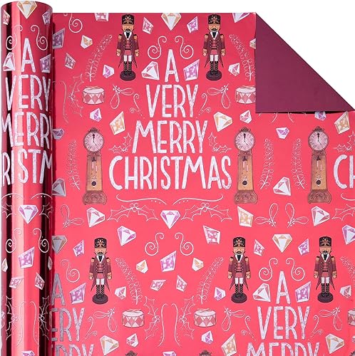 Miniatura 3 de WRAPAHOLIC Papel de regalo reversible de Navidad, mini rollo, 17 pulgadas x 33 pies, diseño de cascanueces de aluminio de Feliz Navidad para