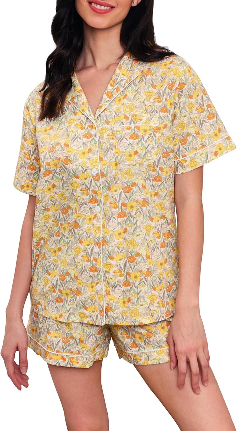 LUBOT 100% Cotton Women's Pajamas Set Button-Down Two-piece PJ Set Short Sleeve Printed Patterned Summer Sleepwear Loungewear (Yellow Flower, M)
