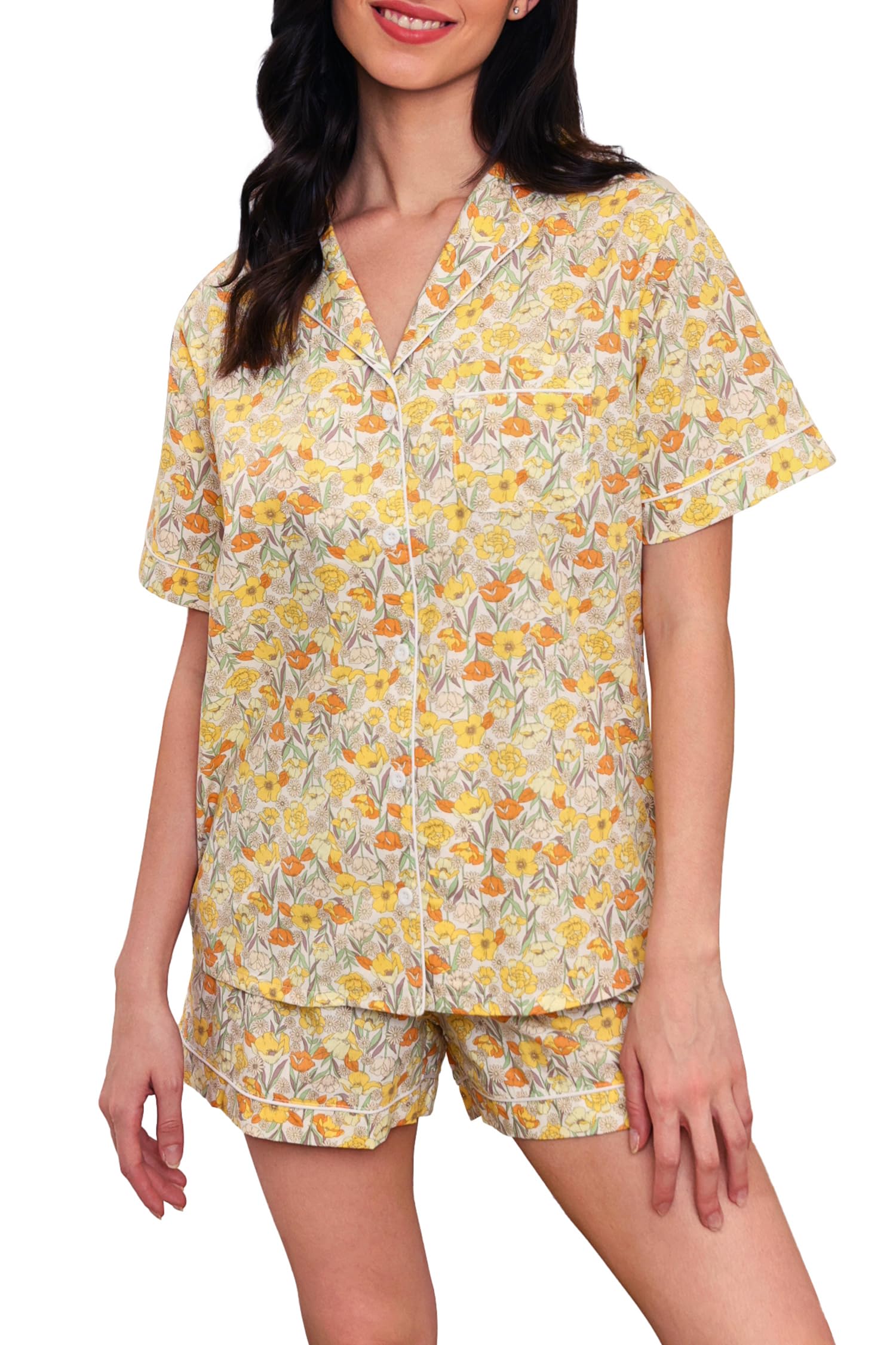LUBOT 100% Cotton Women's Pajamas Set Button-Down Two-piece PJ Set Short Sleeve Printed Patterned Summer Sleepwear Loungewear (Yellow Flower, 2XL)