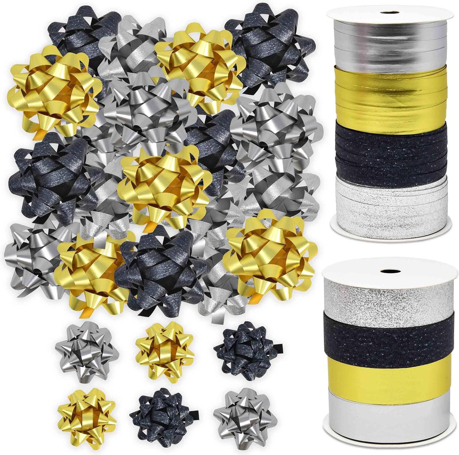 32 Pcs Gift Bows Set Black Gold Silver Assorted Size Bows with 8 Curling Ribbon Rolls for Christmas and New Year’s Holiday Party Gift Wrapping