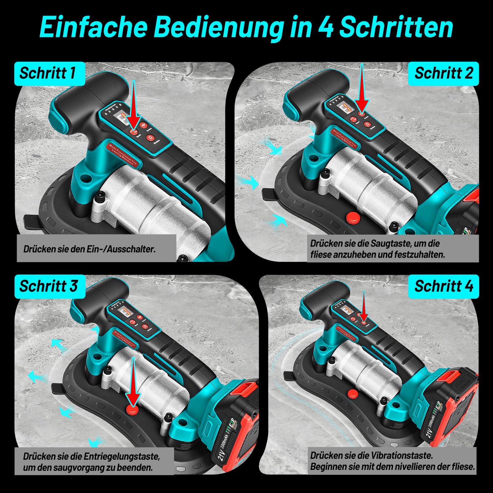 Yofuly 2 IN 1 Fliesenrüttler & Saugheber Kompatibel mit Makita 18V Akku, 260mm Saugnapf 200KG Adsorption | 9 Stufige Einstellung, Fliesen Vbrationsgerät mit 2×2.0Ah Akku für 0.3-2m Fliesen