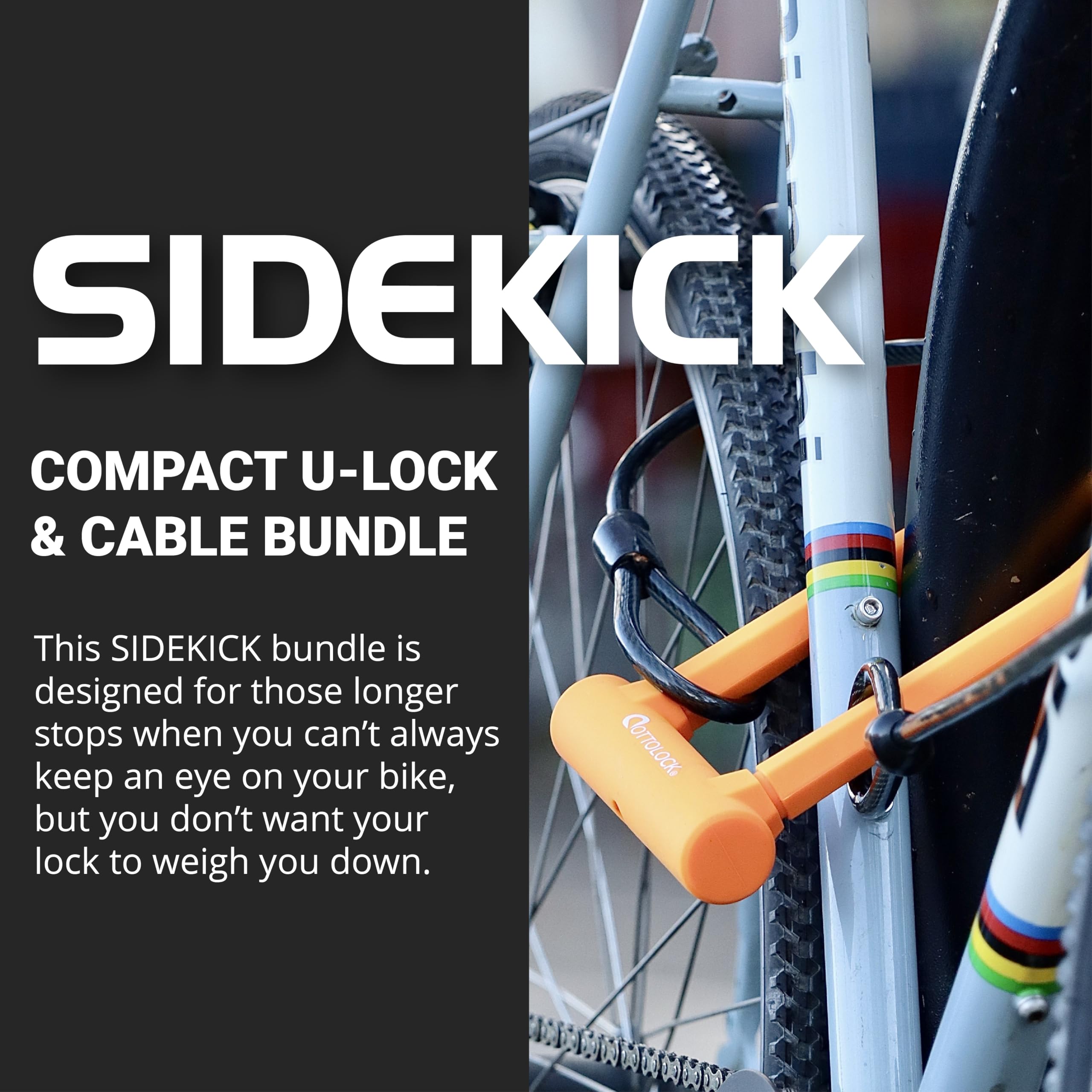 OTTOLOCK Sidekick Compact U-Lock i wiązka kabli, wytrzymała, antykradzieżowa, z kluczami, powlekana silikonem, akcesoria rowerowe, kolor pomarańczowy