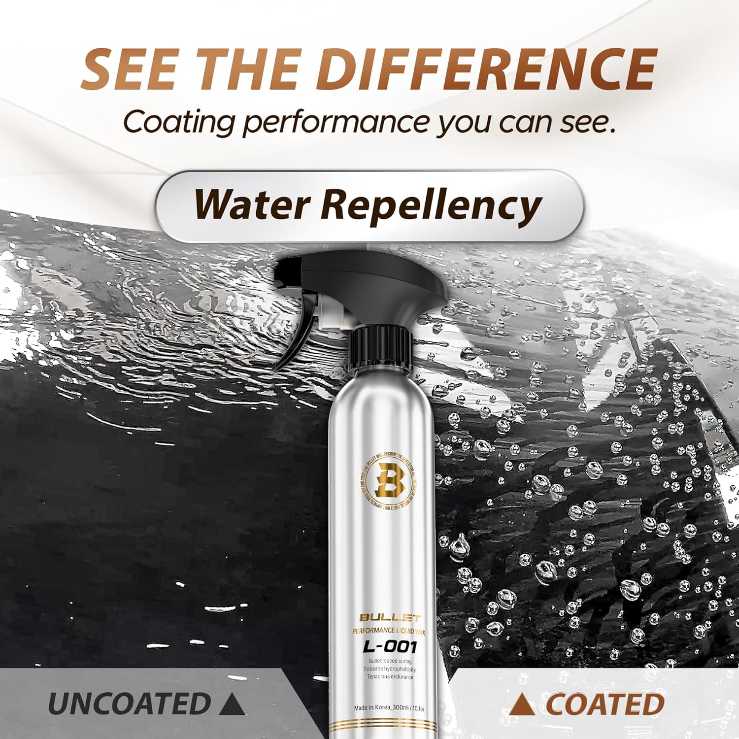 BULLET L-001 Performance Liquid Wax, SiO2 Ceramic Spray Wax for Deep Gloss Shine & Hydrophobic Paint Protection, Spray-On Wipe-Off Top Coat for Paint, Glass & Wheels 10.1 oz Bottle