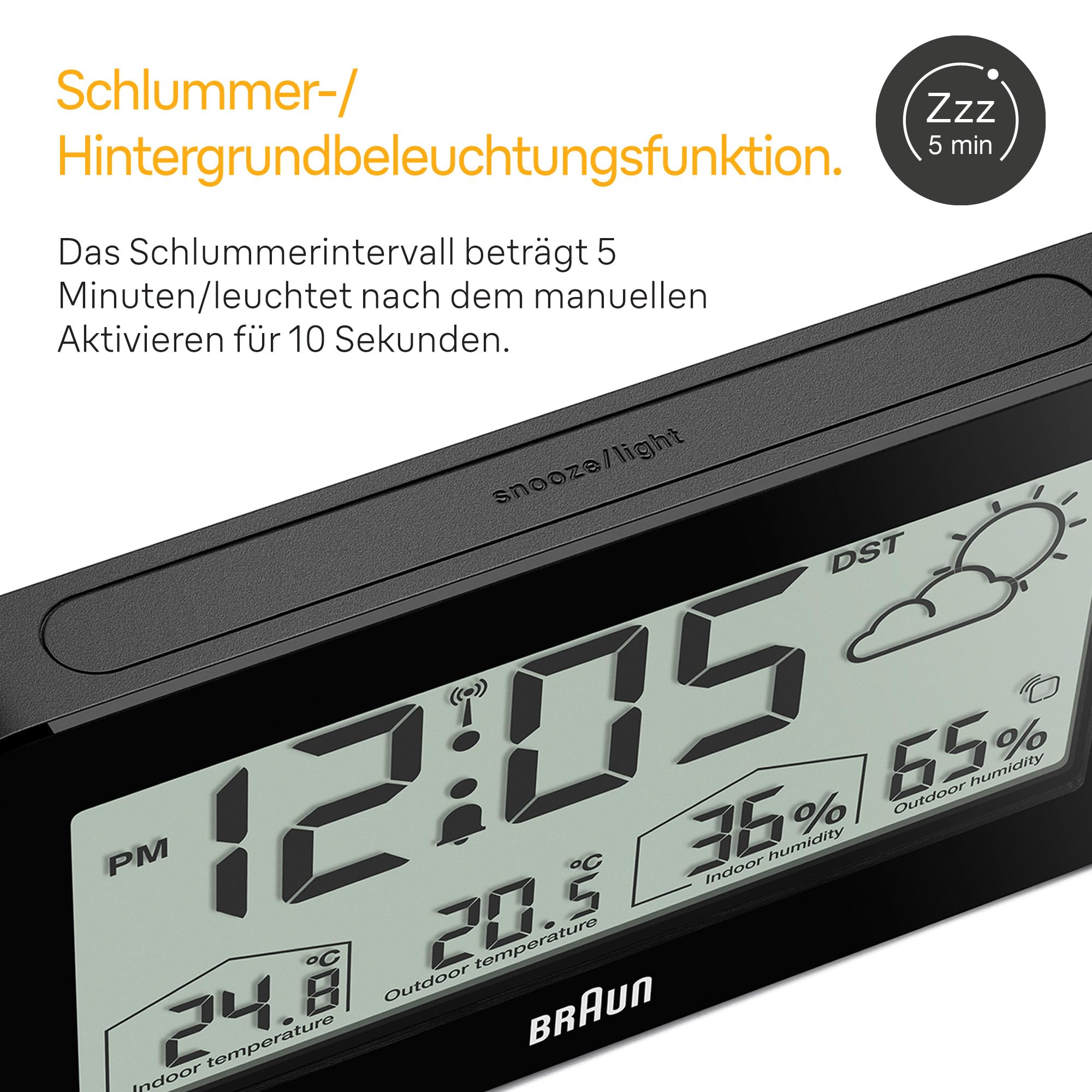 Braun Digitale Wetterstationsfunkuhr für die mitteleuropäische Zeitzone (DCF) mit Anzeige von Innen- und Außentemperatur, Luftfeuchtigkeit, Vorhersage, Alarm-Piepton in schwarz, Modell BC13BP-DCF.