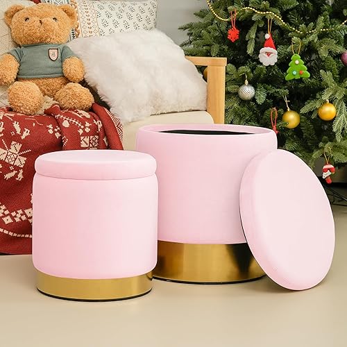 Miniatura 2 de BRIKY Otomana redonda de almacenamiento, otomana de terciopelo rosa con almacenamiento para sala de estar, taburete otomano tapizado con base