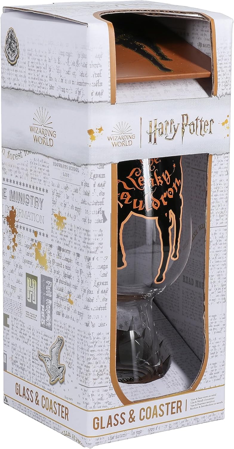 Paladone Harry Potter Leaky Cauldron Glass and Coaster Set - Officially Licensed Harry Potter Gift for Fans, 550Ml (18 Fl Oz)