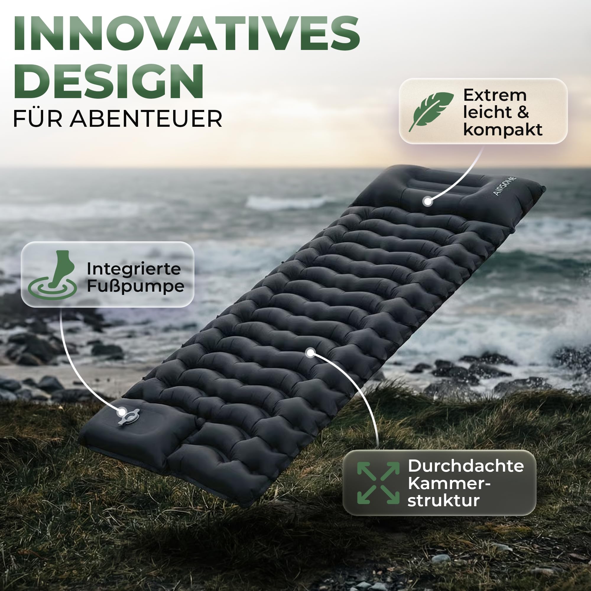 Selbstaufblasbare Luftmatratze Ultraleicht – Camping Isomatte selbstaufblasend mit integrierter Fußpumpe, extra dick & wasserdicht, Bequeme Schlafmatte für Outdoor, Zelten & Festival