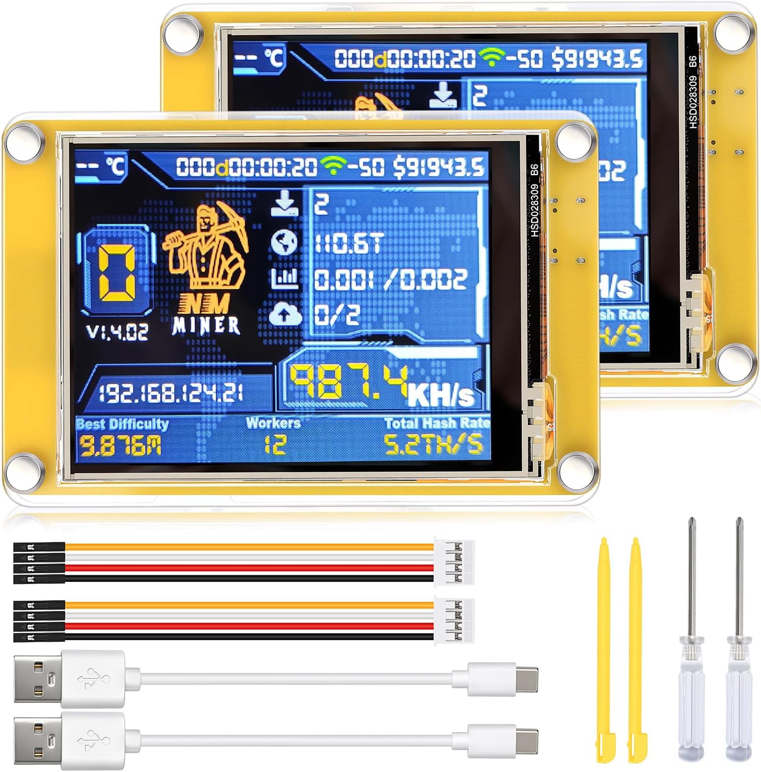 2 Set Bitcoin Miner NMMiner 1000KH/s Bitcoin Lottery Miner 2.8 inch HMI LCD Touchscreen ESP-WROOM-32 ESP32 Development Board Support A rduino IDE LVGL Lucky Miner Module Crypto BTC Solo Miner Machine