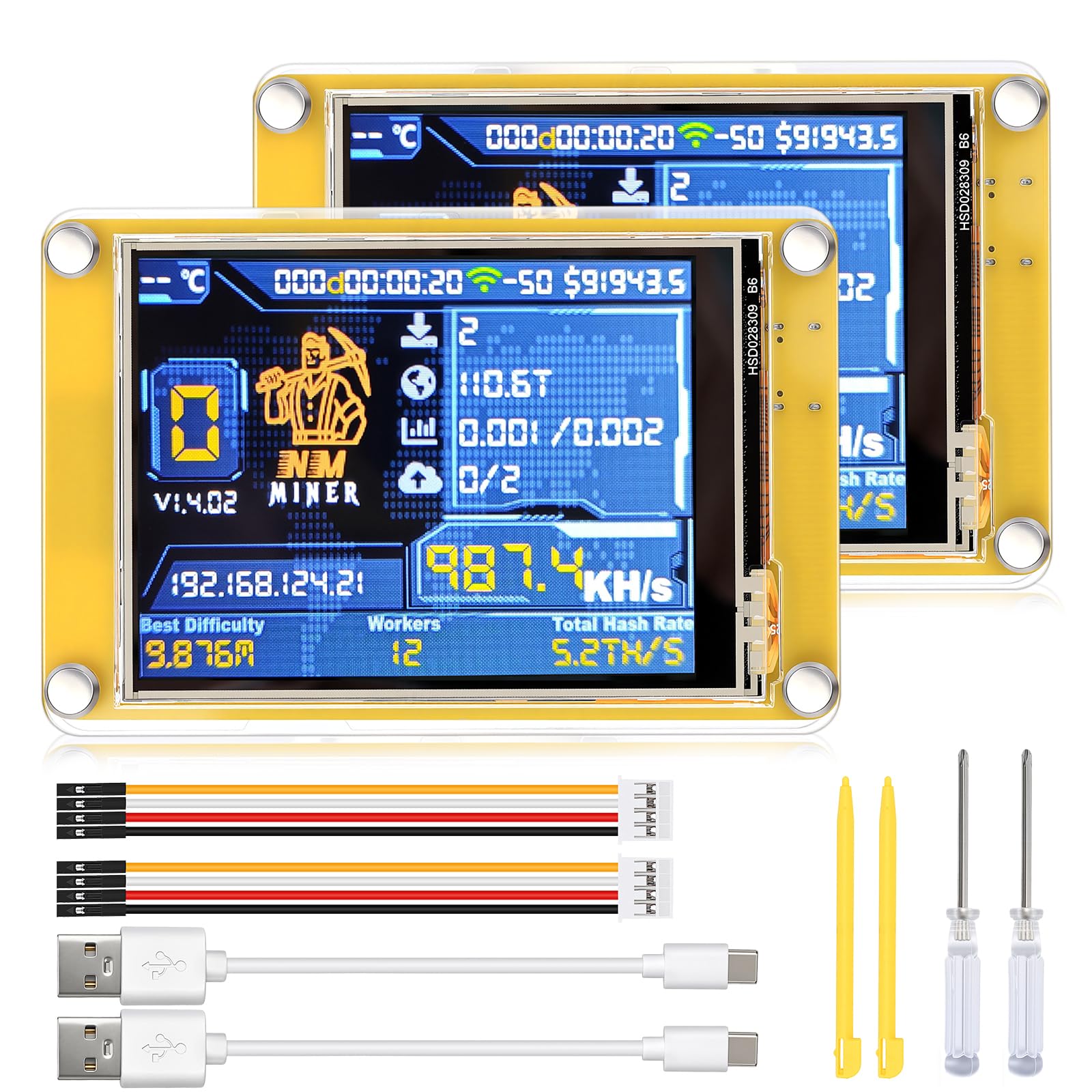 Photo 1 of 2 Set Bitcoin Miner NMMiner 1000KH/s Bitcoin Lottery Miner 2.8 inch HMI LCD Touchscreen ESP-WROOM-32 ESP32 Development Board Support A rduino IDE LVGL Lucky Miner Module Crypto BTC Solo Miner Machine