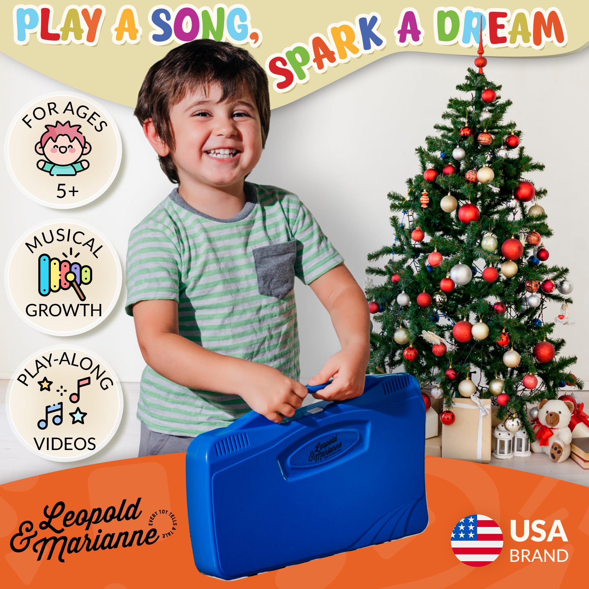 Leopold & Marianne | Xylophone for Kids Ages 5-9 | Kids Musical Instrument | Glockenspiel 25 Notes Chromatic | Color Metal Keys | Music Book Included, Play-Along Videos, Blue Carry Plastic Case