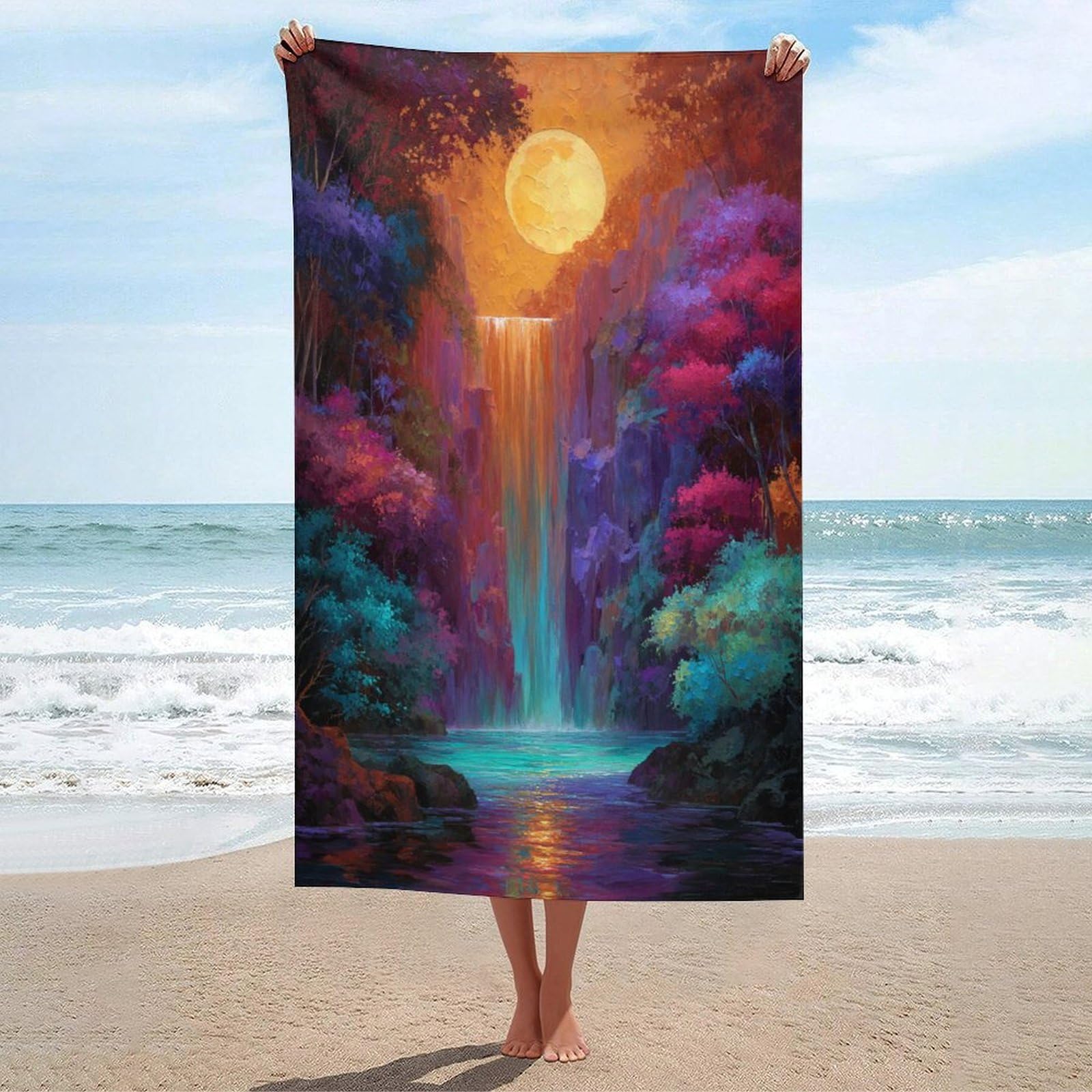 LSRCPD Surreal Tall Waterfall Full Moon Beach Towel Sand Free Microfiber Large Shower Towels Multipurpose Absorbent for Bathroom Pool 130x80 CM
