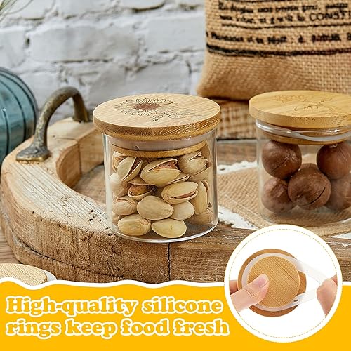 Miniatura 4 de Tessco Juego de 6 tapas para tarros de yogur, madera de bambú para tarros, tapa reutilizable con anillos de sellado de silicona y diferentes