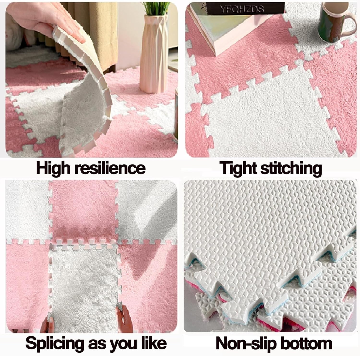 120pcs Plush Puzzle Foam Floor Mat Tiles with Border, 30x30x1cmThick Shaggy Interlocking Carpet Tiles, Fluffy Play Mat, Area Rugs(Pink+Light Gray)