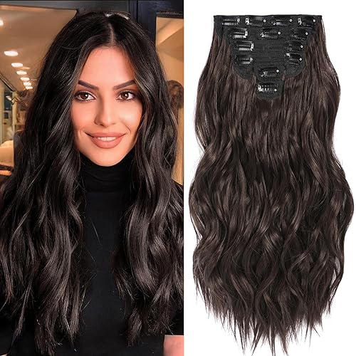 Extensiones de cabello con pinzas, 6 extensiones de cabello natural y suave y bien mezcladas, extensiones de cabello largo ondulado marrón oscuro