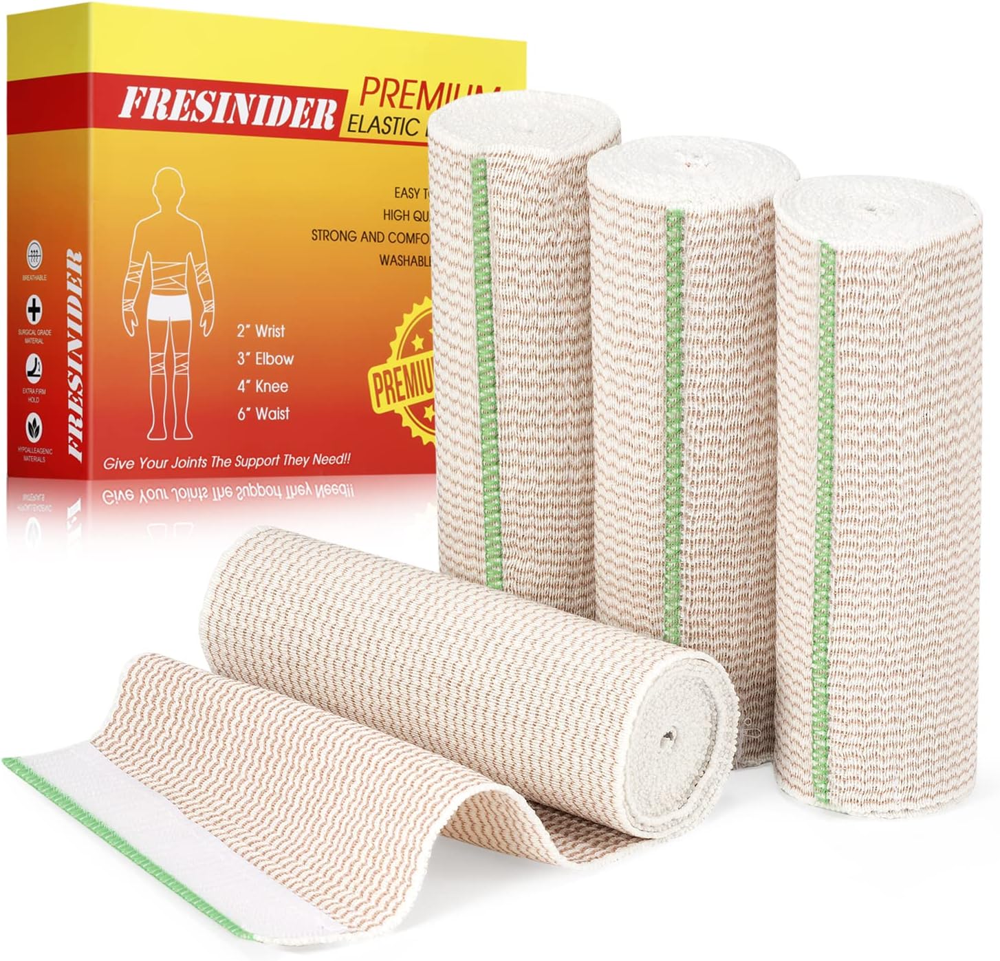 FRESINIDER Premium Elastic Bandage Wrap, 4 Pack 6" × 4.5 Yards (13.5 ft) Cotton Latex-Free Compression Wrap with Touch Closure, Reusable Support Bandage for Sports, Exercise, and Daily Joint Supp