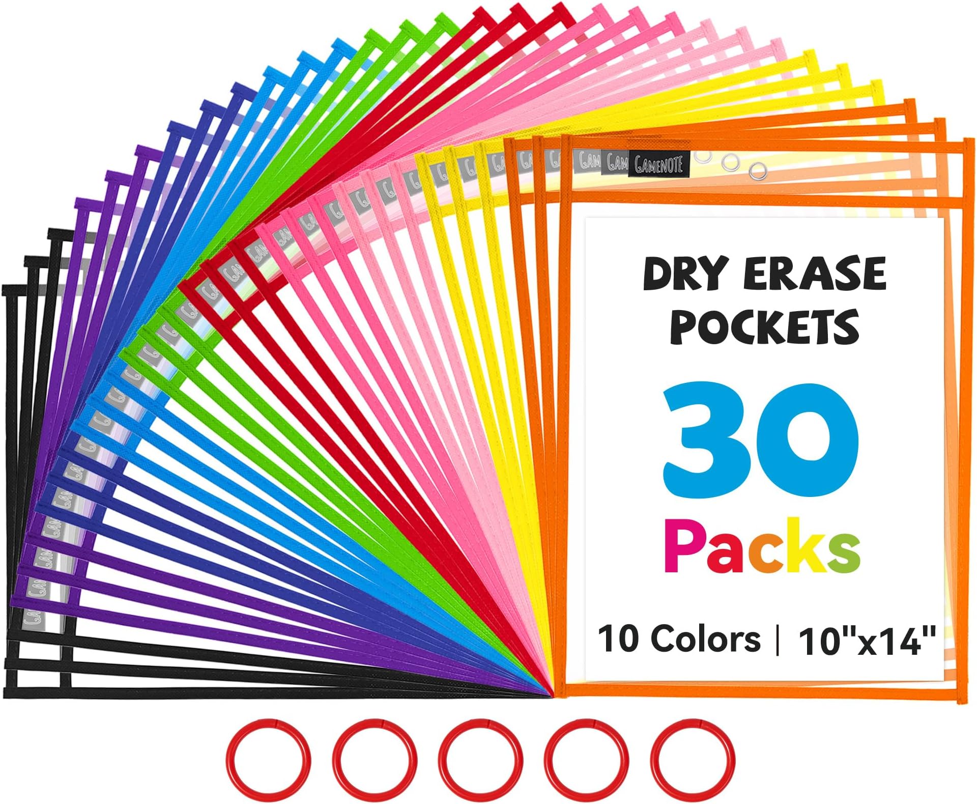 Gamenote 30 Pack Dry Erase Pockets with 5 Rings, 10 Assorted Colors 10x14 Oversized Reusable Plastic Sleeves, Clear Sheet Protectors, Teacher Supplies for Classroom Organization