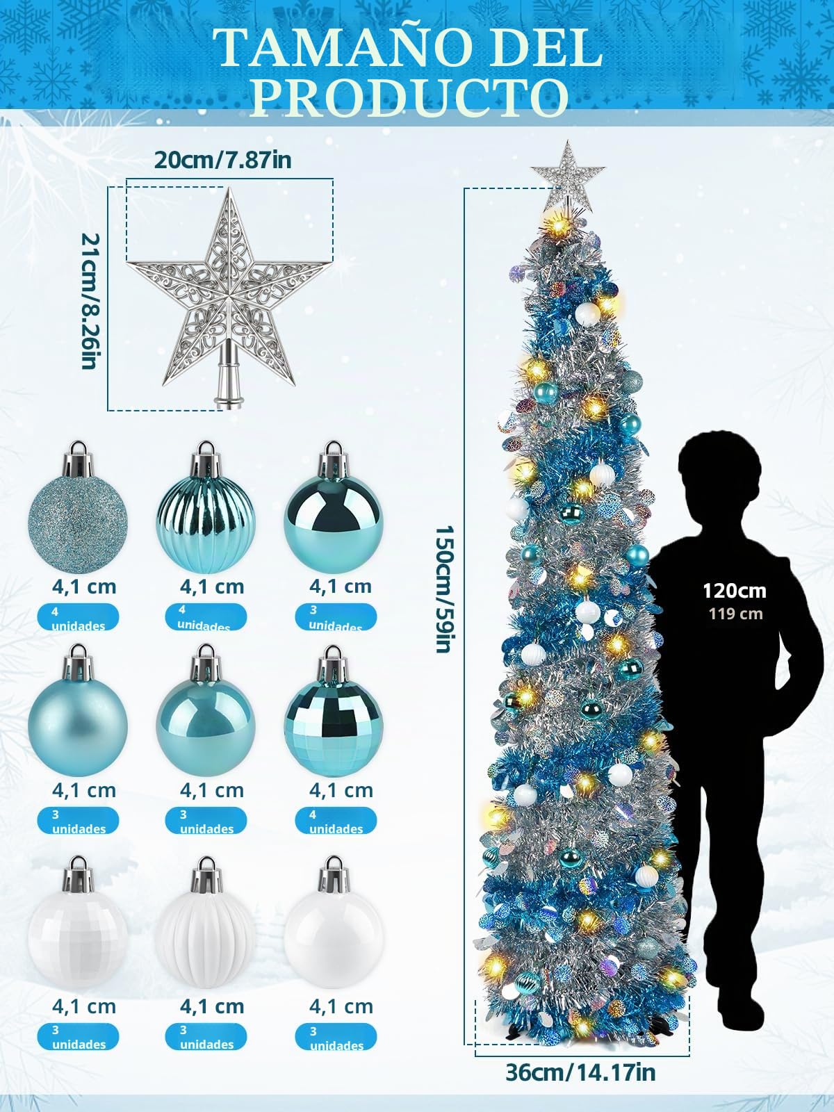 Kalolary Árbol de Navidad Plegable de 5 Pies - Artificial de Lápiz Azul Plateado Con Bolas de Decoración y Adornos Para el Hogar, Fiesta, Chimenea, Decoración Interior