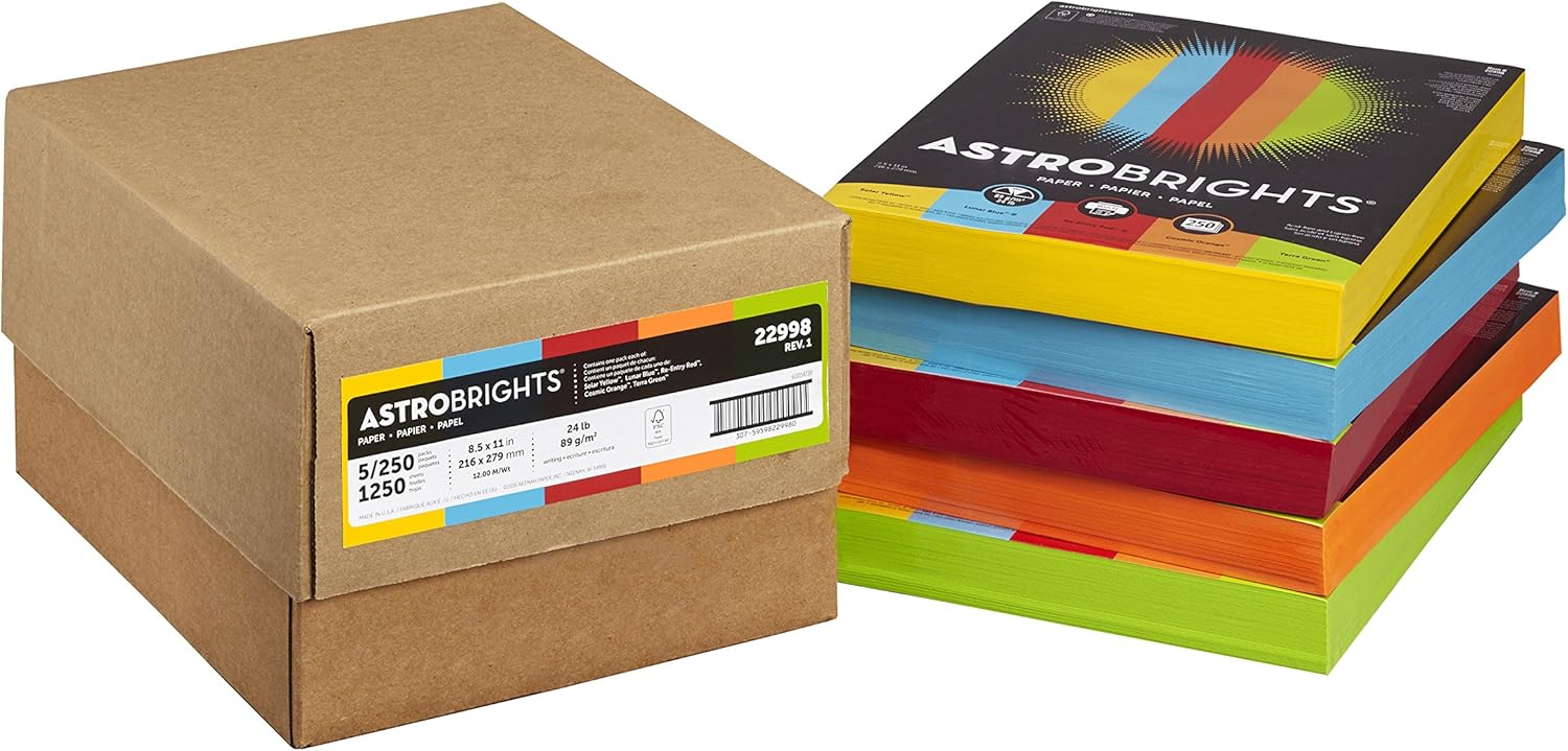 Neenah Astrobrights® Bright Color Paper, Letter Size, 24 Lb, Assorted Colors, 250 Sheets Per Ream, Case Of 5 Reams