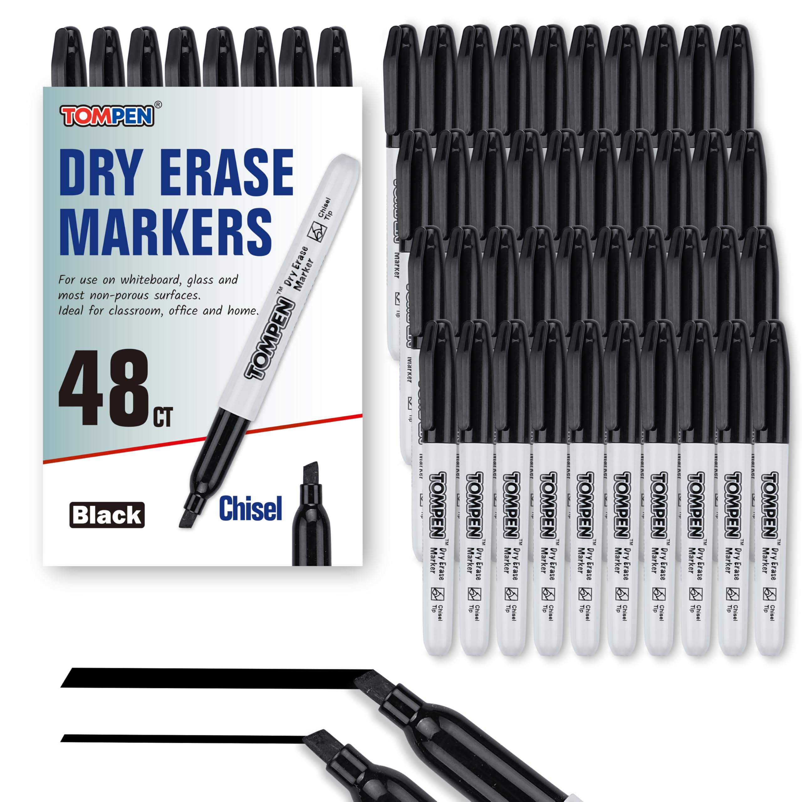 Dry Erase Markers Chisel Tip Black 48 Count Bulk Erasable Whiteboard Markers with Low Odor Ink Quick-Drying for