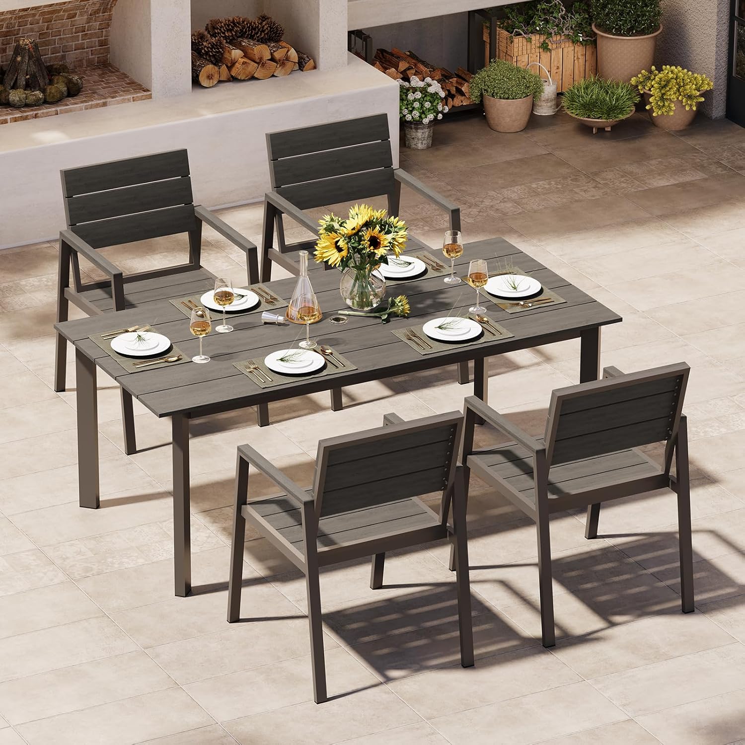 Aluminum Outdoor Dining Set for 6, Patio Table and Chairs Set with Umbrella Hole, 7 Pieces HDPS Outdoor Furniture Sets for Patio, Garden (White & Teak)