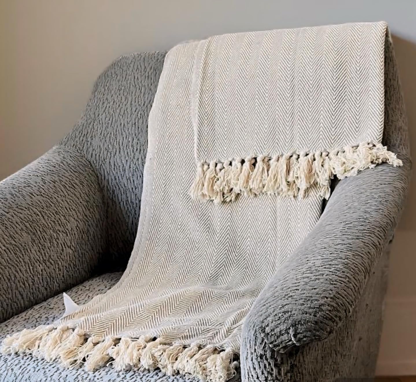 Coperta About Home In Puro Cotone Pettinato, Motivo Spina Di Pesce, 152x190 Cm, Beige/Naturale