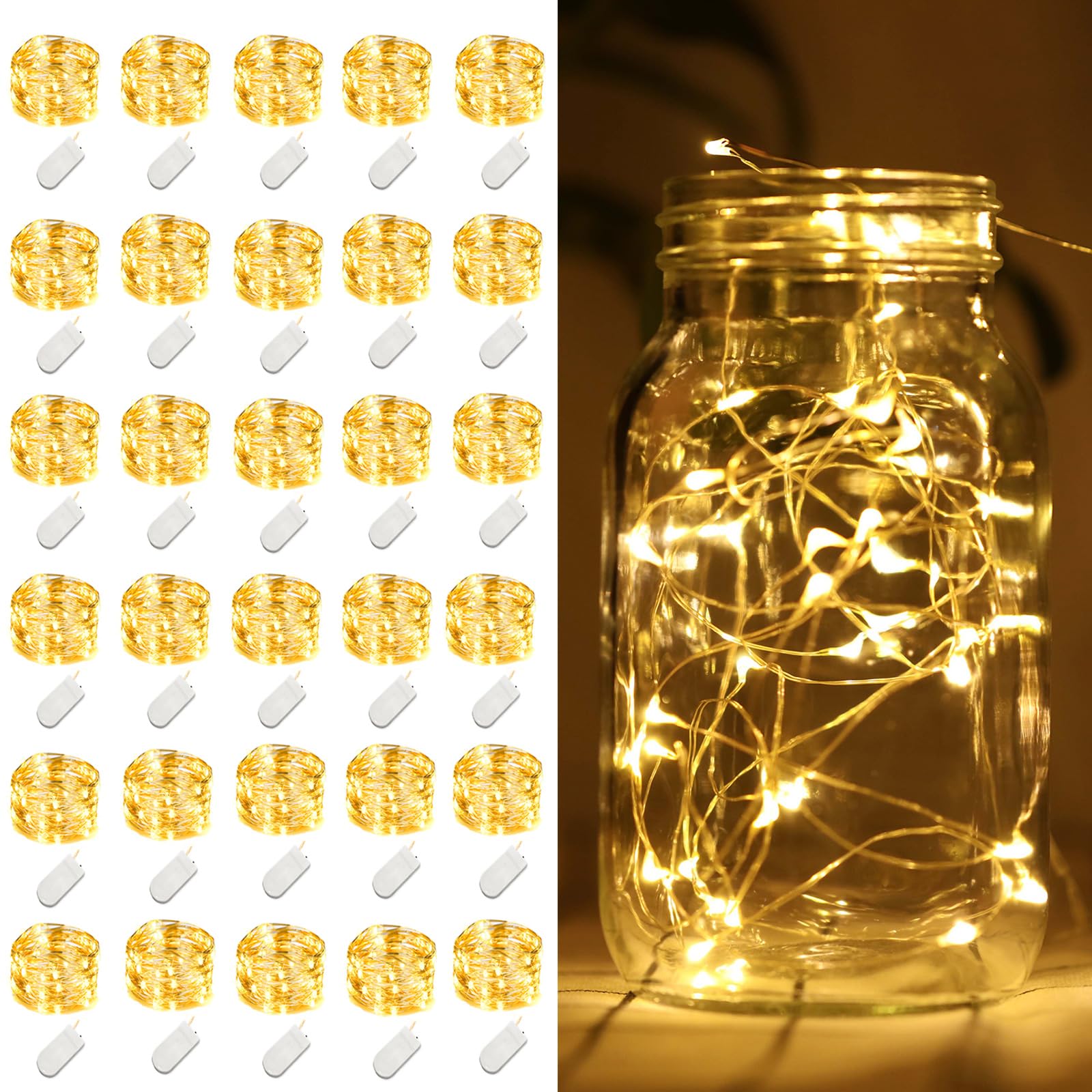 30 Pack Fairy Lights Battery Operated String Lights,7ft 20 LED Silver Wire Warm White for Wedding,Party,DIY Crafts,Mason Jars,Centerpieces Table Decorations