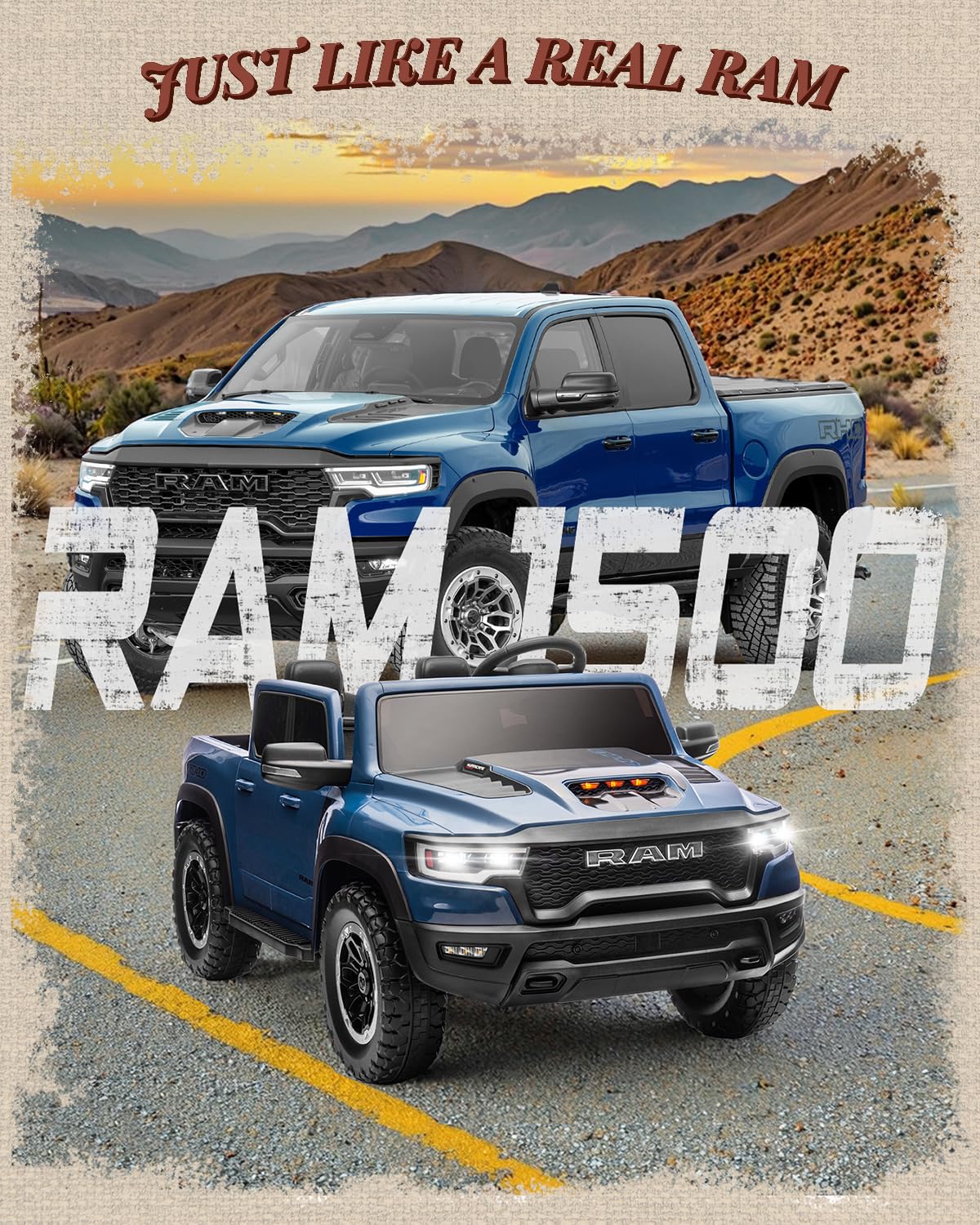 First Ride On 24V Ride On Toys for Big Kids, RAM 1500 2 Seater Ride on Car w/Remote, Battery Powered Truck w/ 4 Wheels Suspension, Toddler Car w/Bluetooth, LED Lights, Trunk & High Doors (DarkBlue)