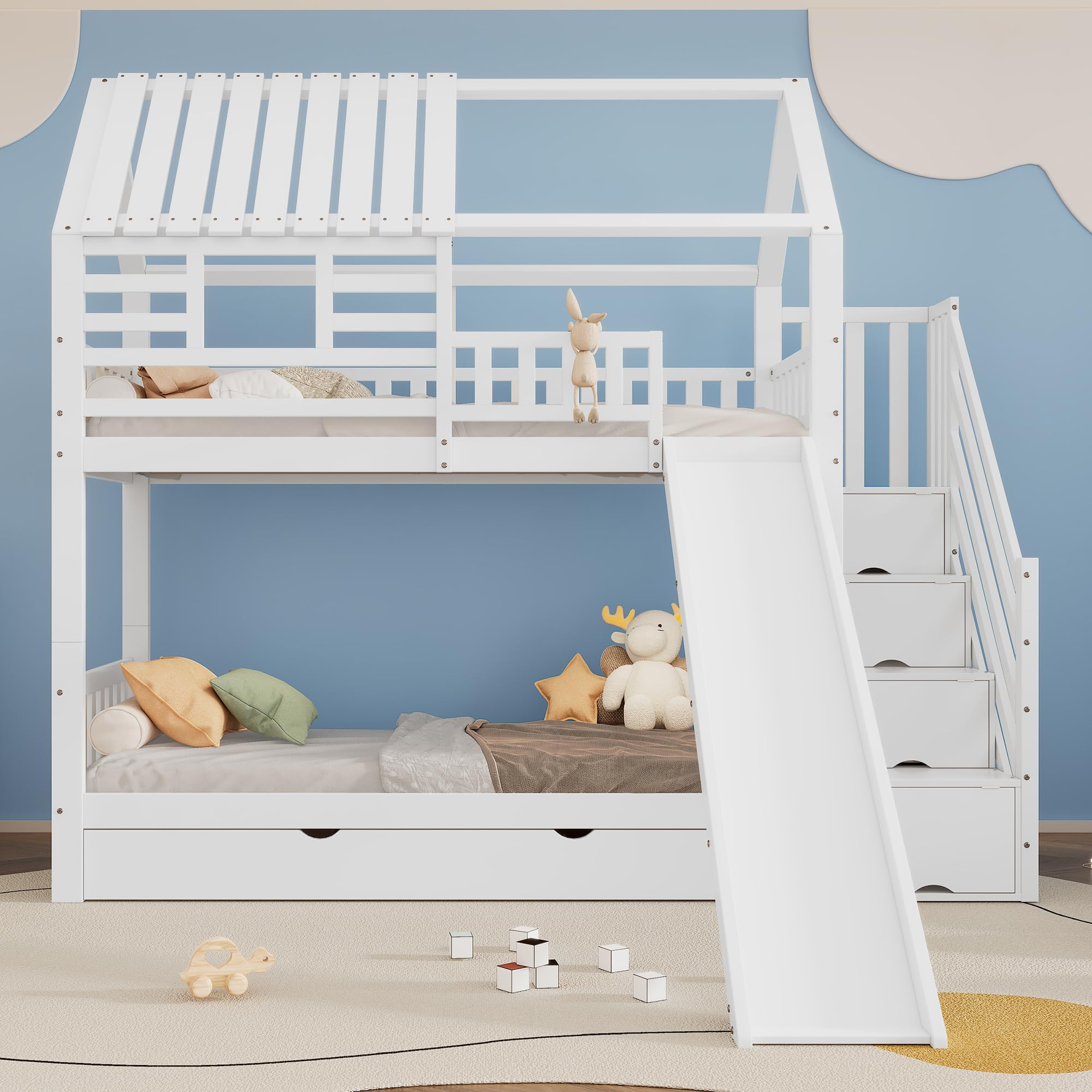 Letto a castello con scala e scivolo, letto a casa, scala con vano portaoggetti, telaio in legno di pino e MDF, letto per bambini con finestra e tetto, con griglia anticaduta e cassetto